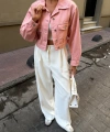 Pullaps Çift Cep Denim Crop Ceket Pudra