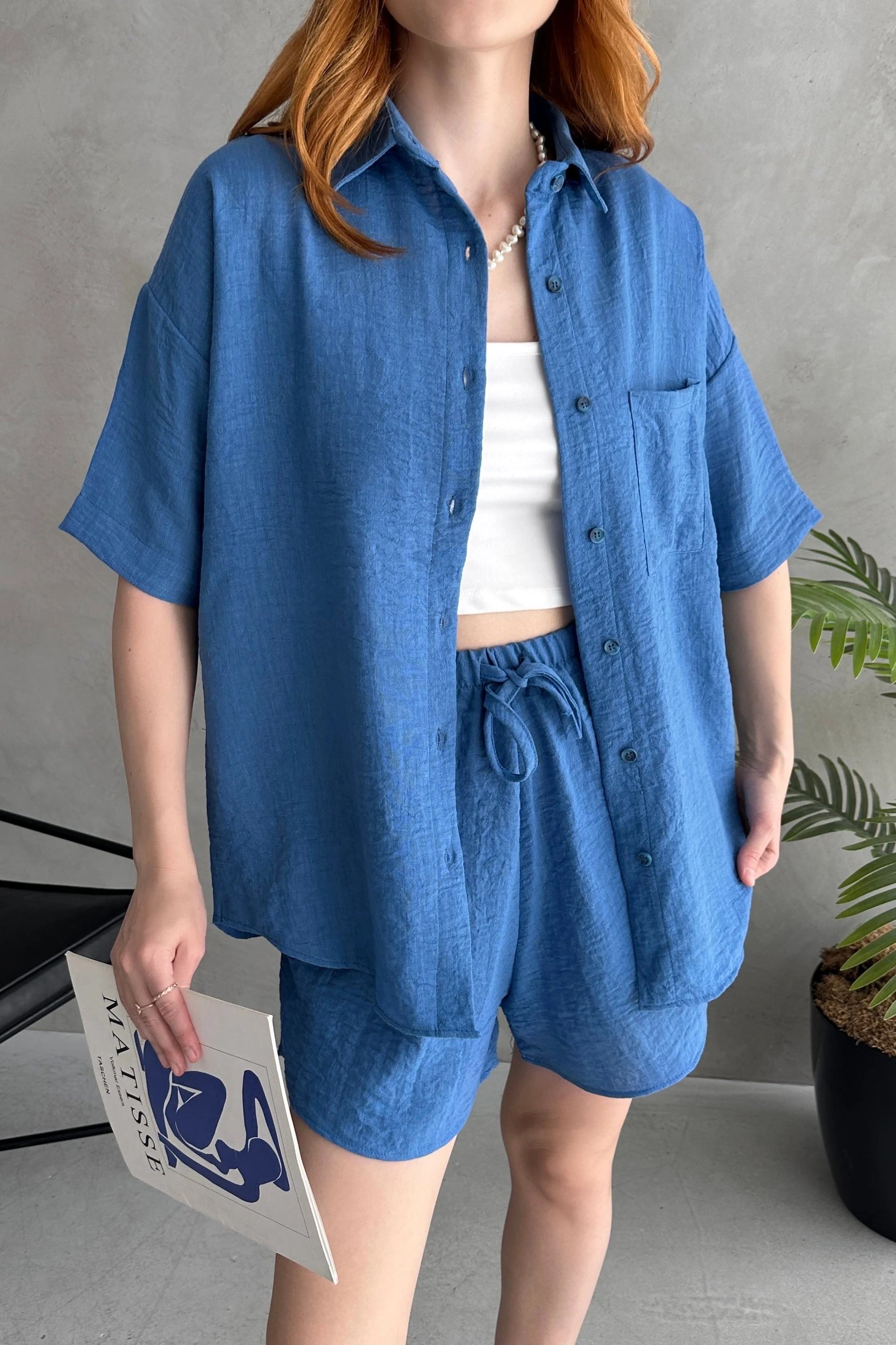 Aerobin Keten Kısa Kol Gömlek ve Şort Alt Üst Takım