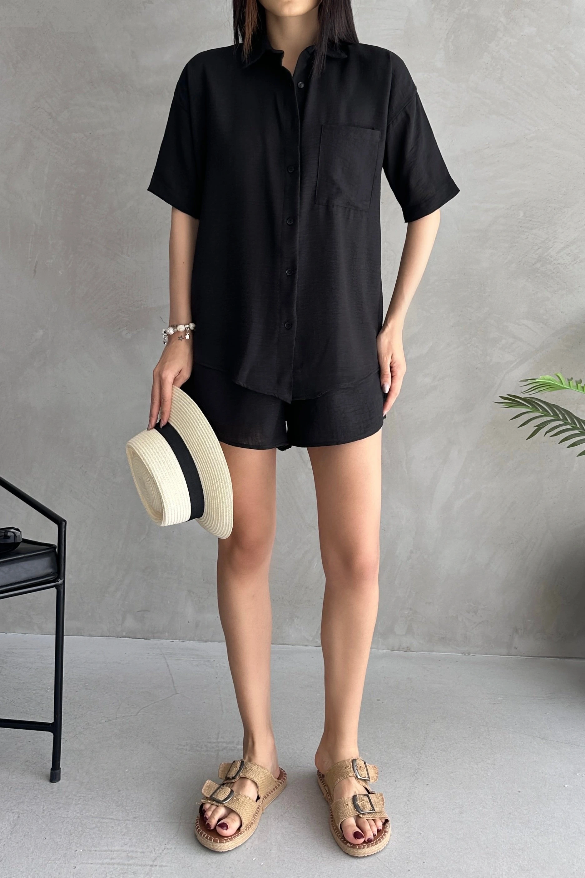 Aerobin Keten Kısa Kol Gömlek ve Şort Alt Üst Takım