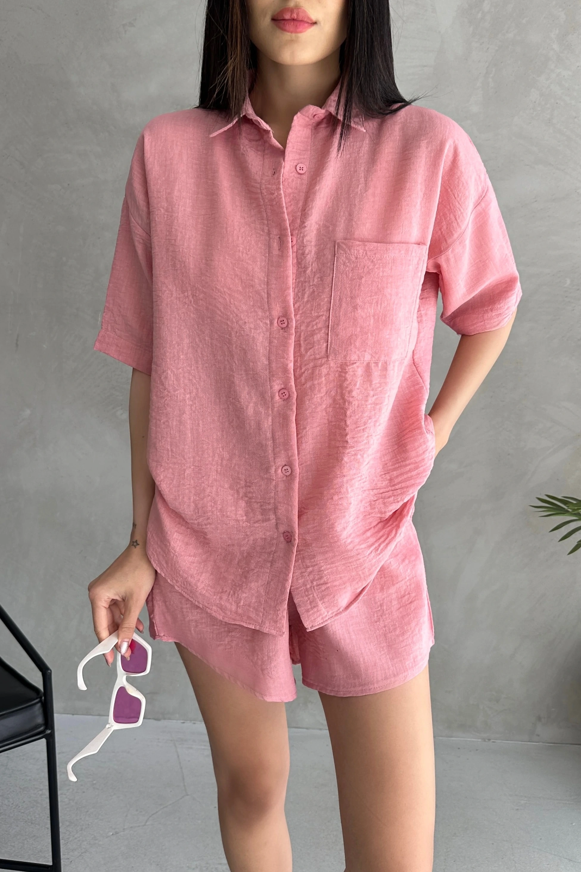 Aerobin Keten Kısa Kol Gömlek ve Şort Alt Üst Takım