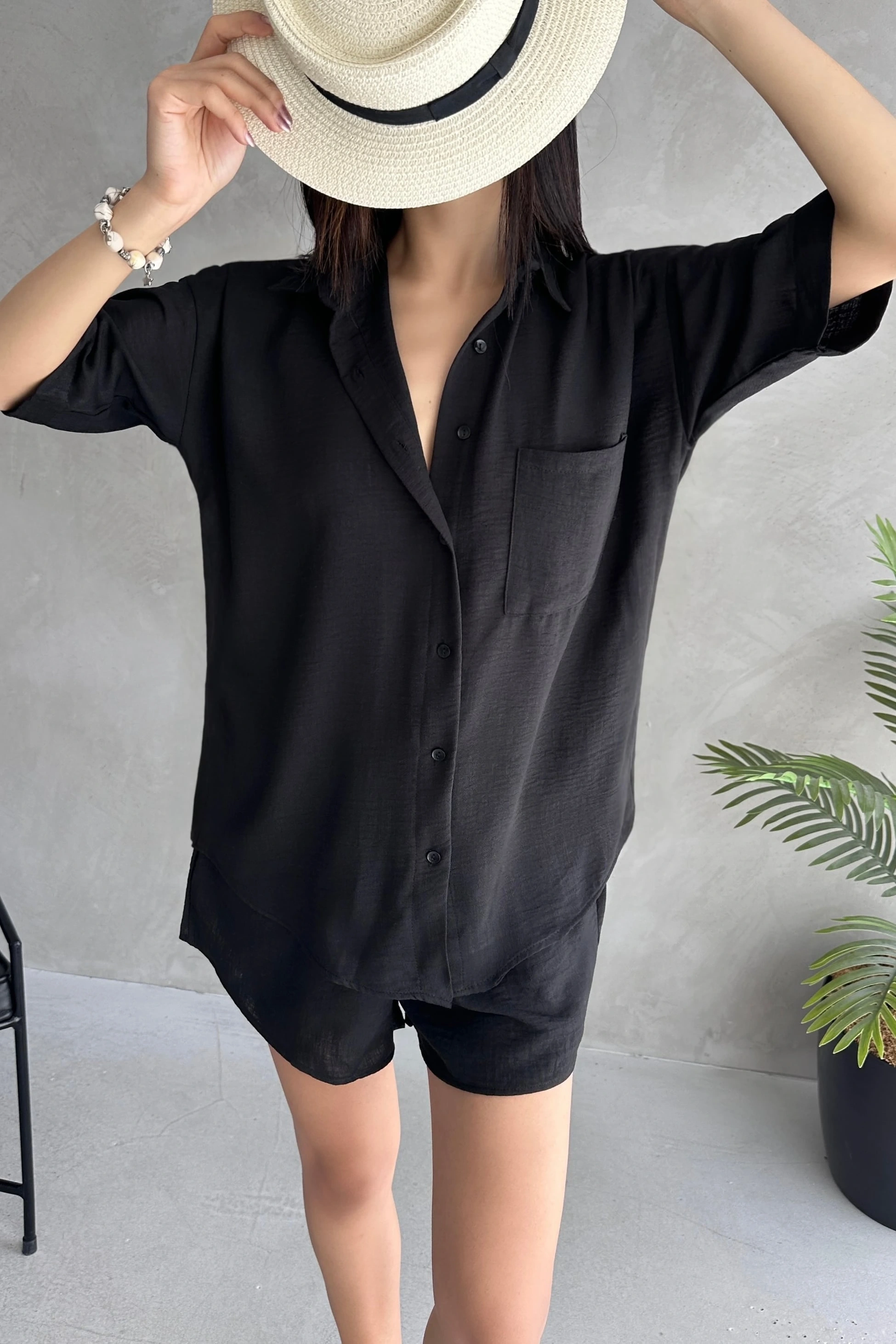 Aerobin Keten Kısa Kol Gömlek ve Şort Alt Üst Takım