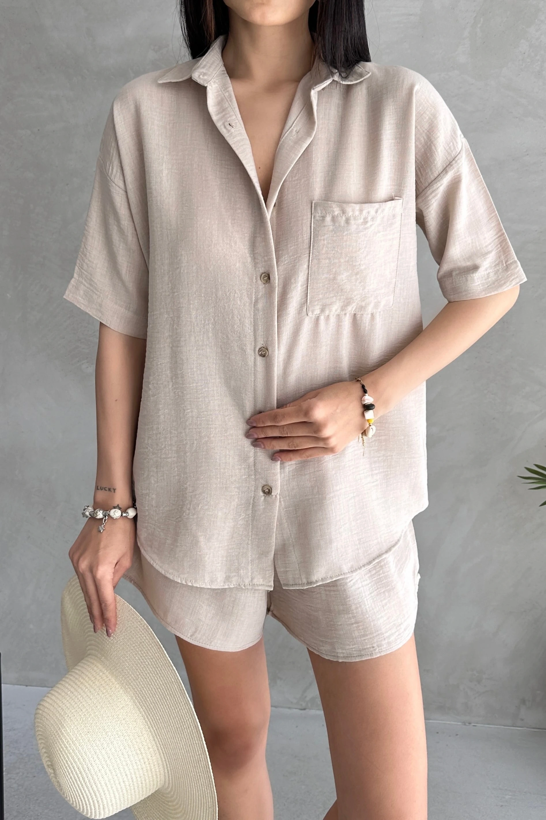 Aerobin Keten Kısa Kol Gömlek ve Şort Alt Üst Takım