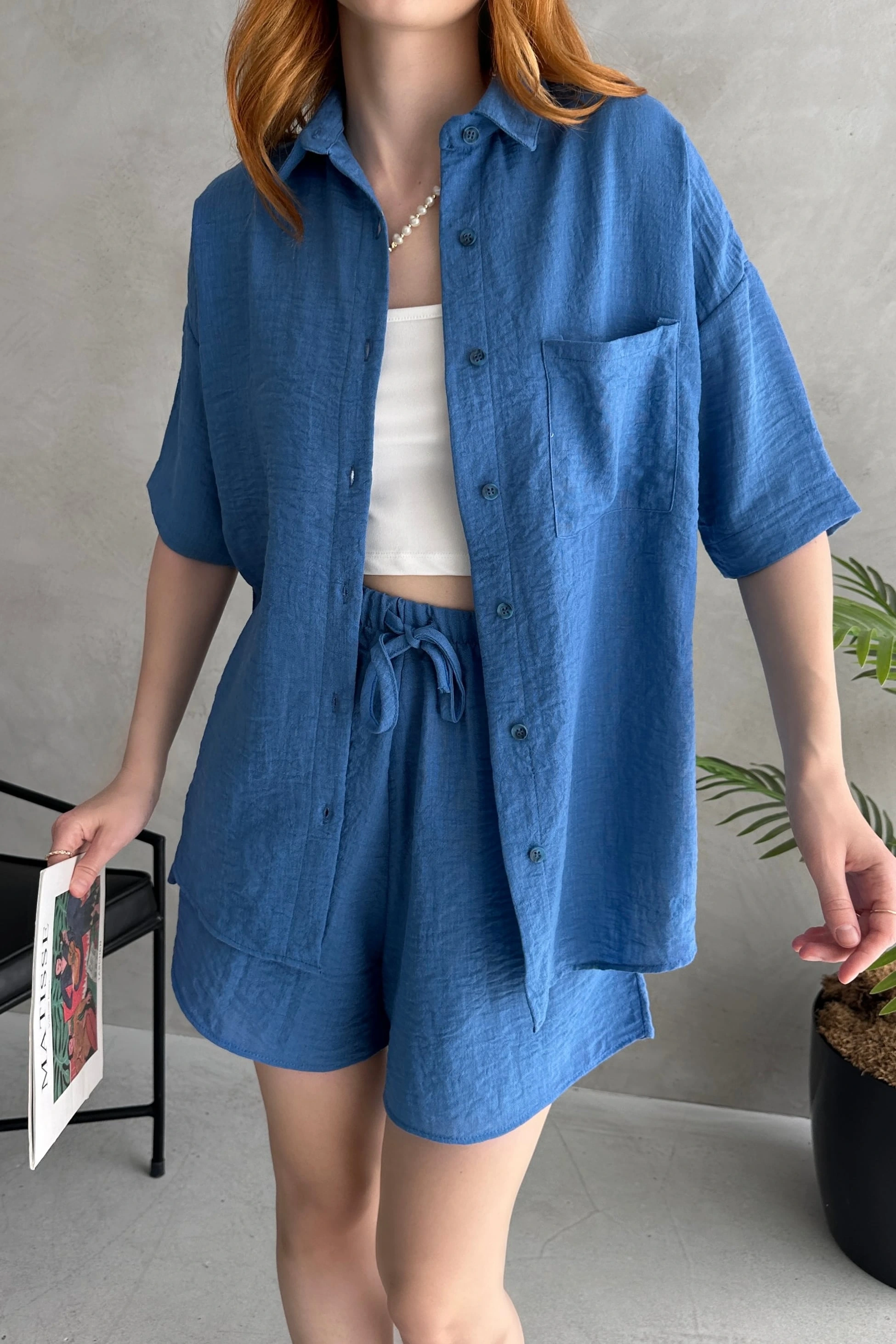 Aerobin Keten Kısa Kol Gömlek ve Şort Alt Üst Takım