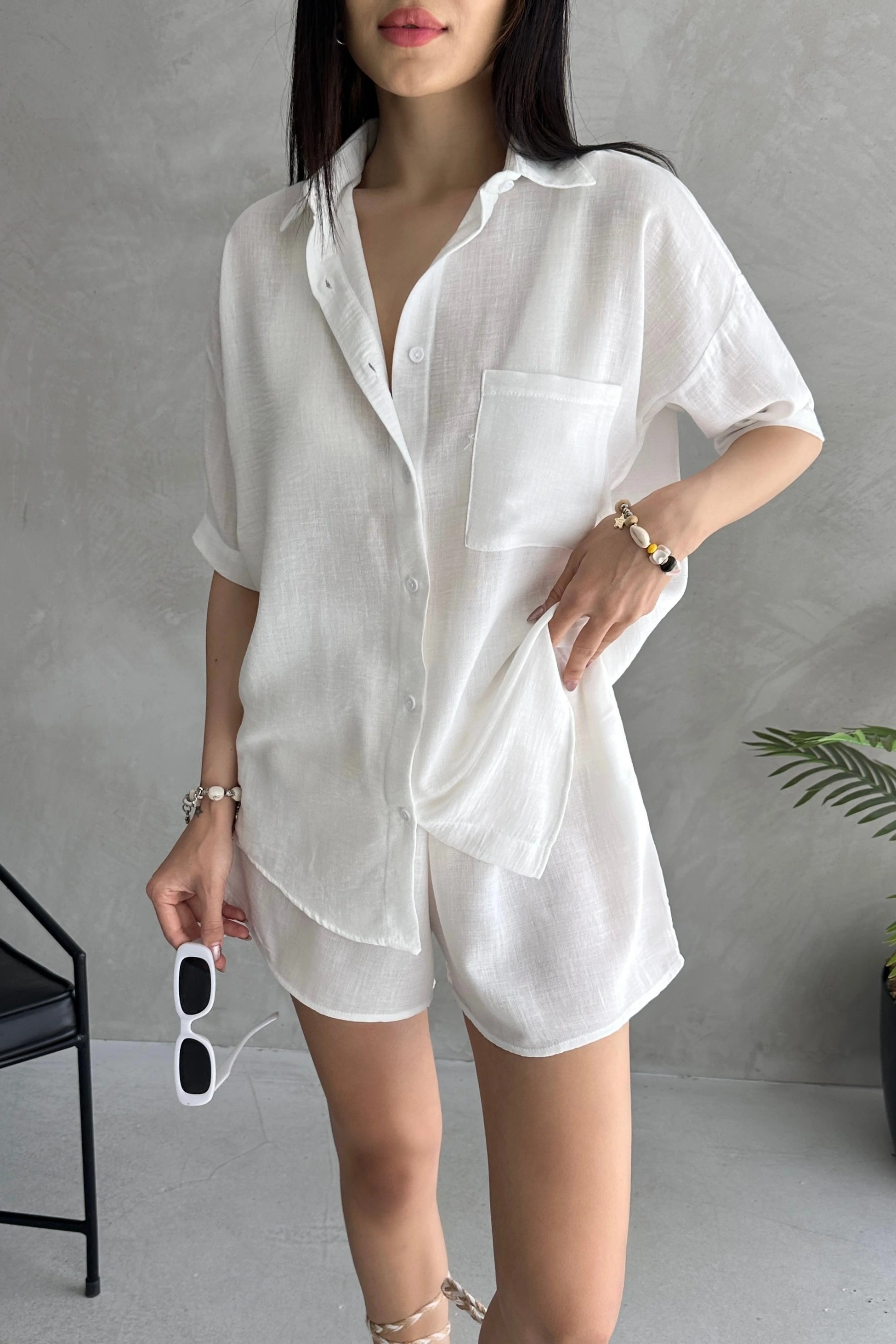 Aerobin Keten Kısa Kol Gömlek ve Şort Alt Üst Takım