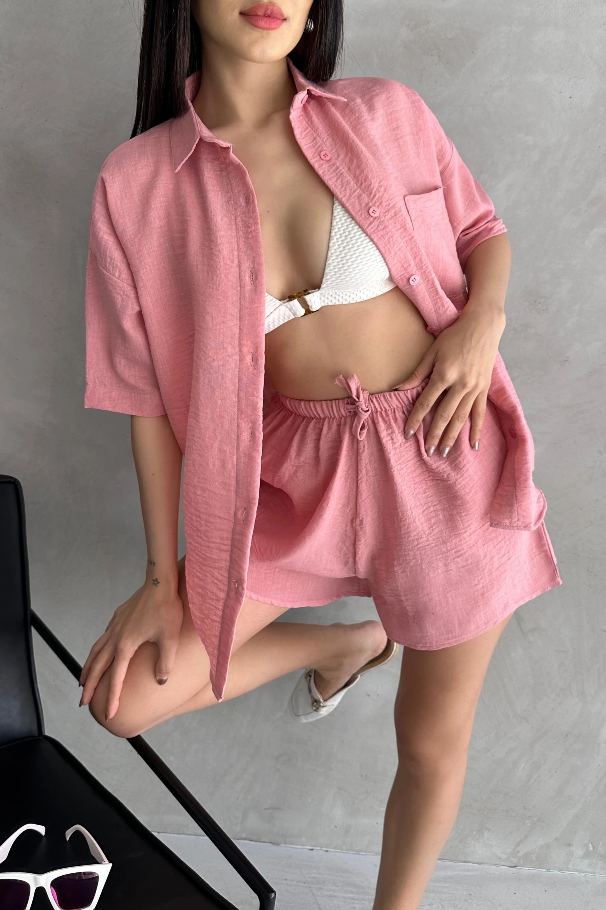 Aerobin Keten Kısa Kol Gömlek ve Şort Alt Üst Takım