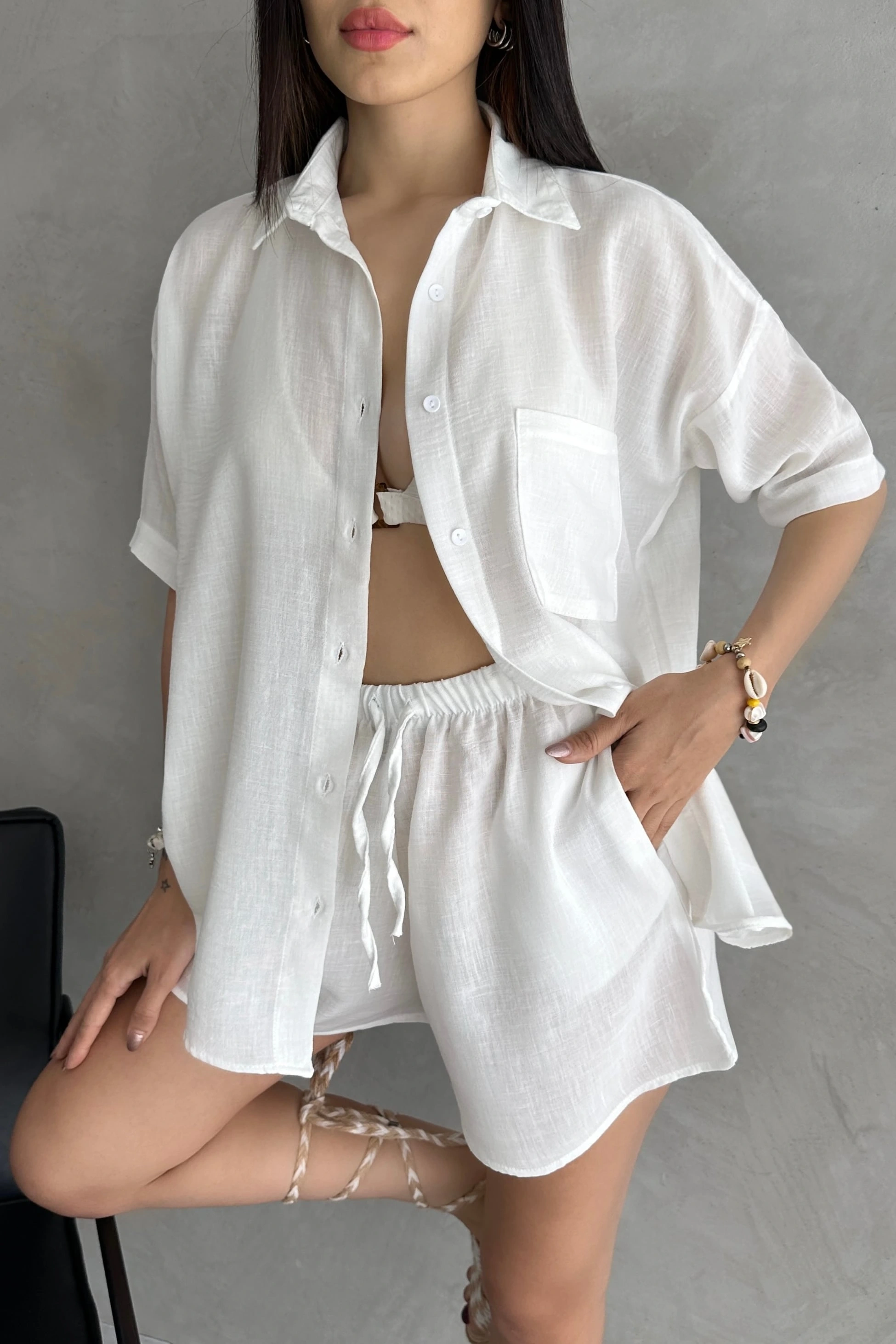 Aerobin Keten Kısa Kol Gömlek ve Şort Alt Üst Takım