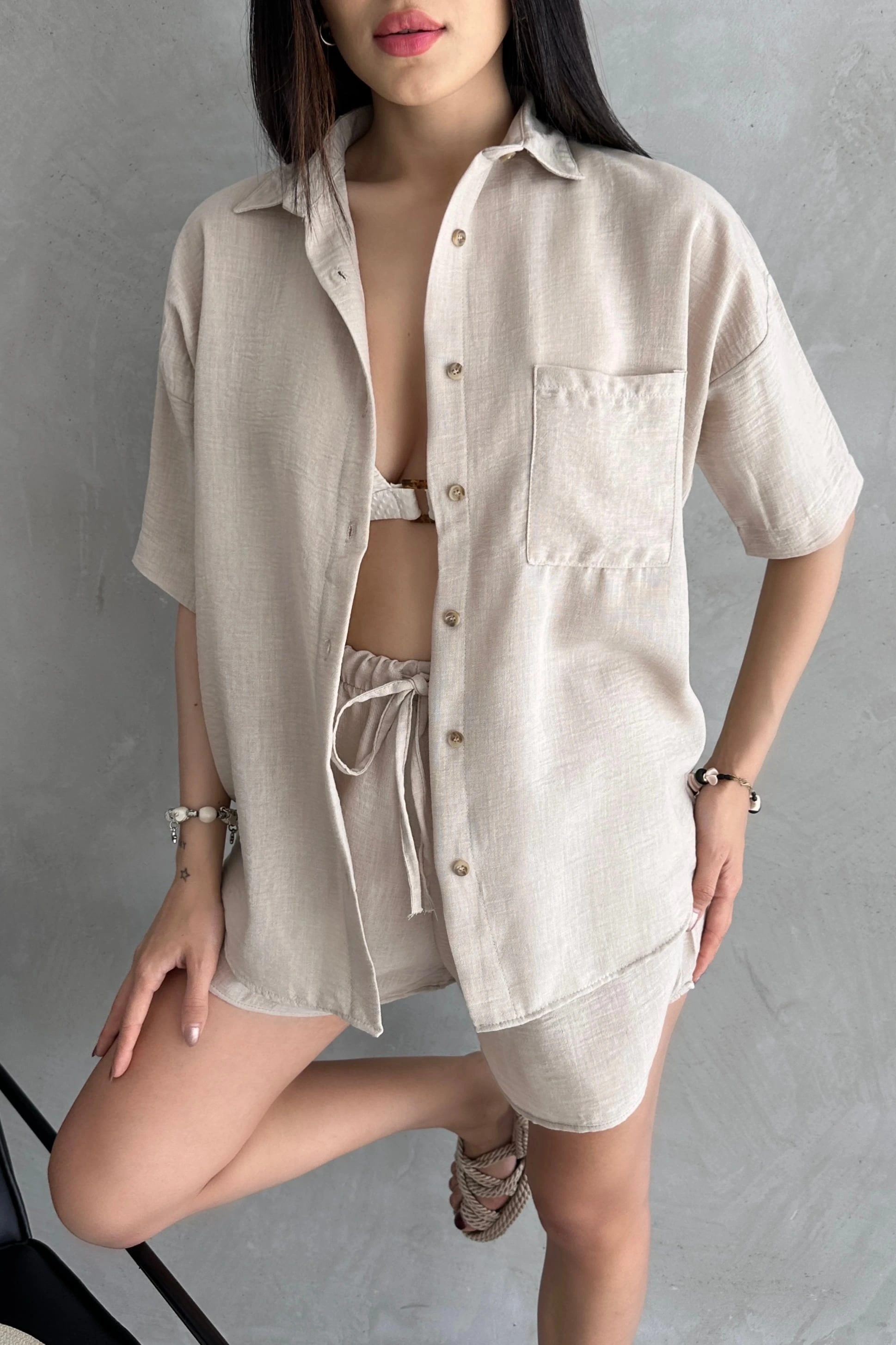 Aerobin Keten Kısa Kol Gömlek ve Şort Alt Üst Takım