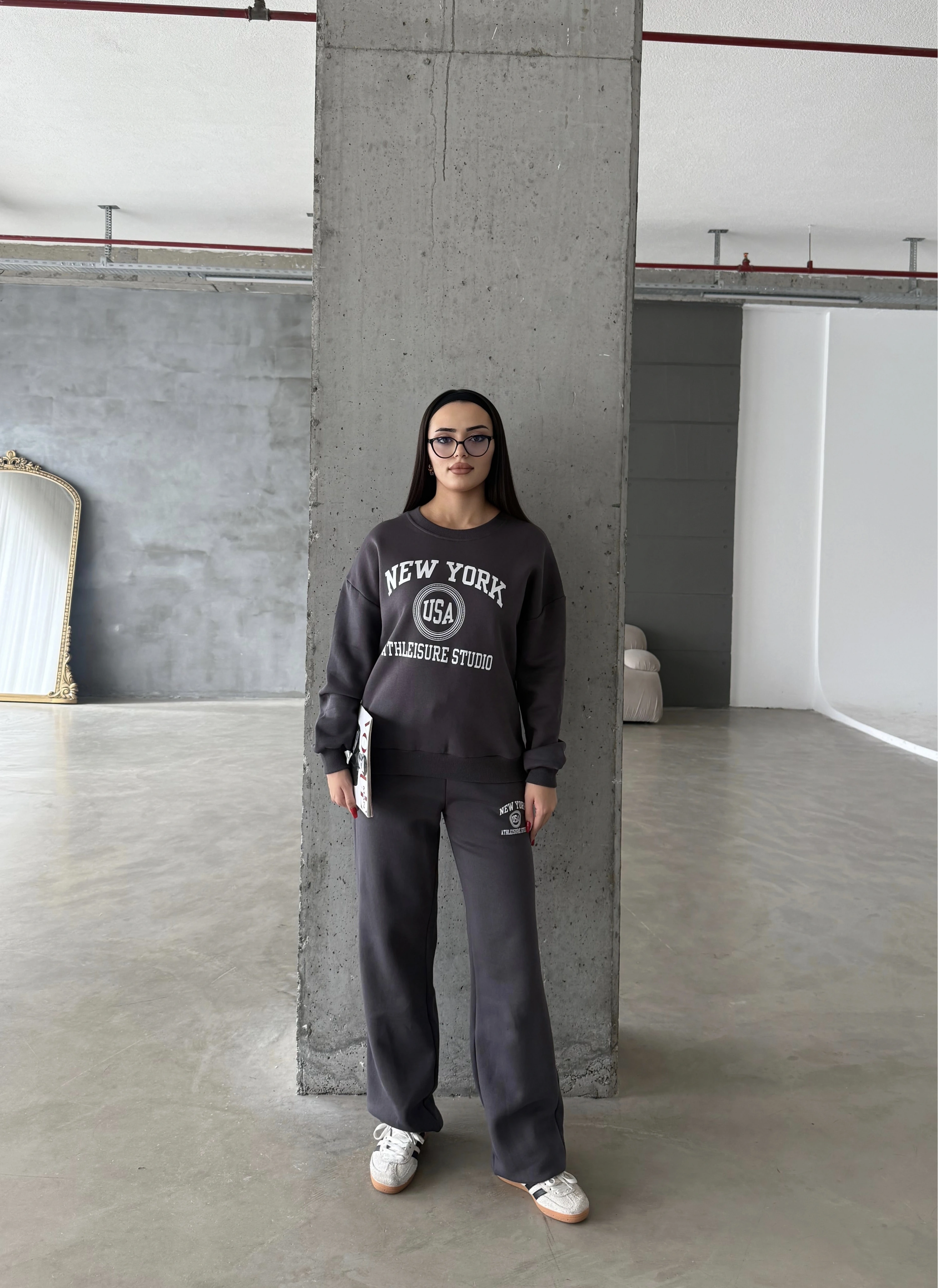 Pullaps Baskılı Şardonlu Üç İplik Takım Antrasit