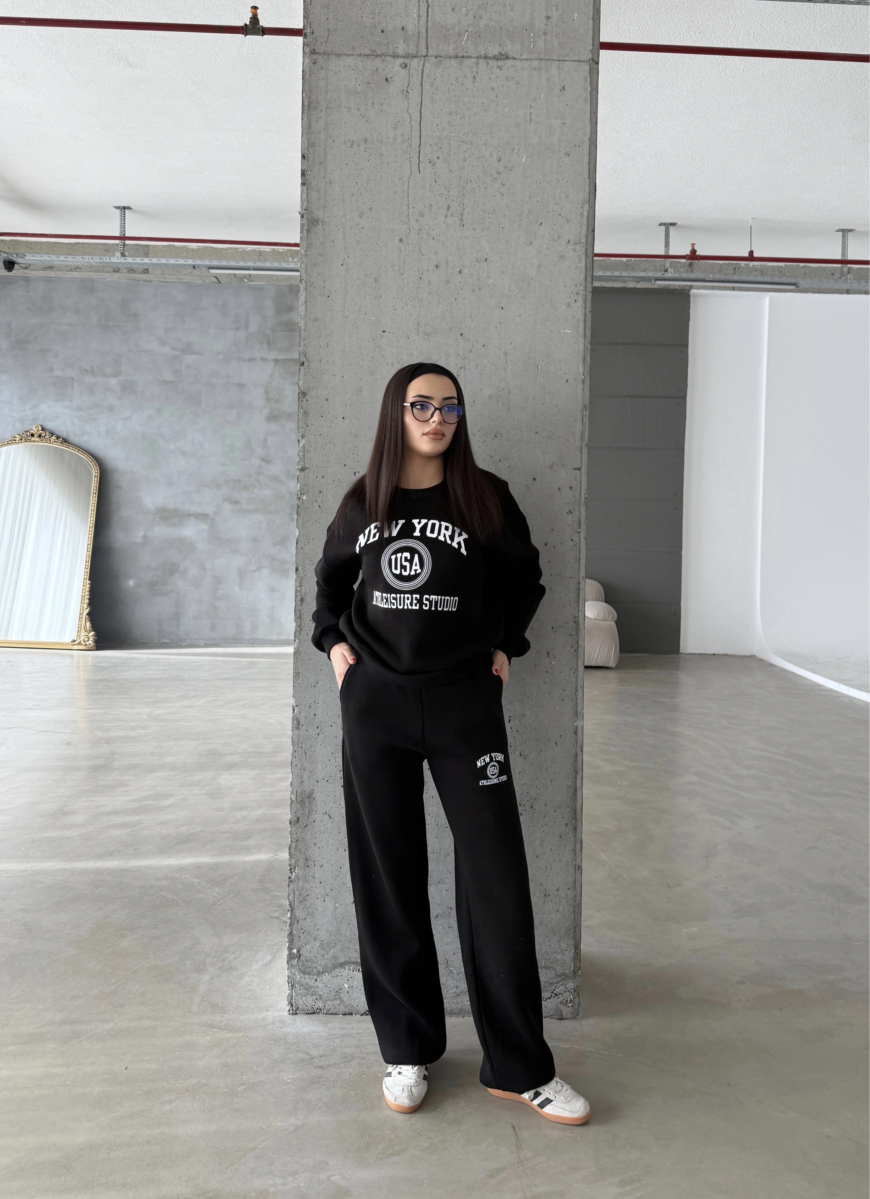 Pullaps Baskılı Şardonlu Üç İplik Takım Siyah