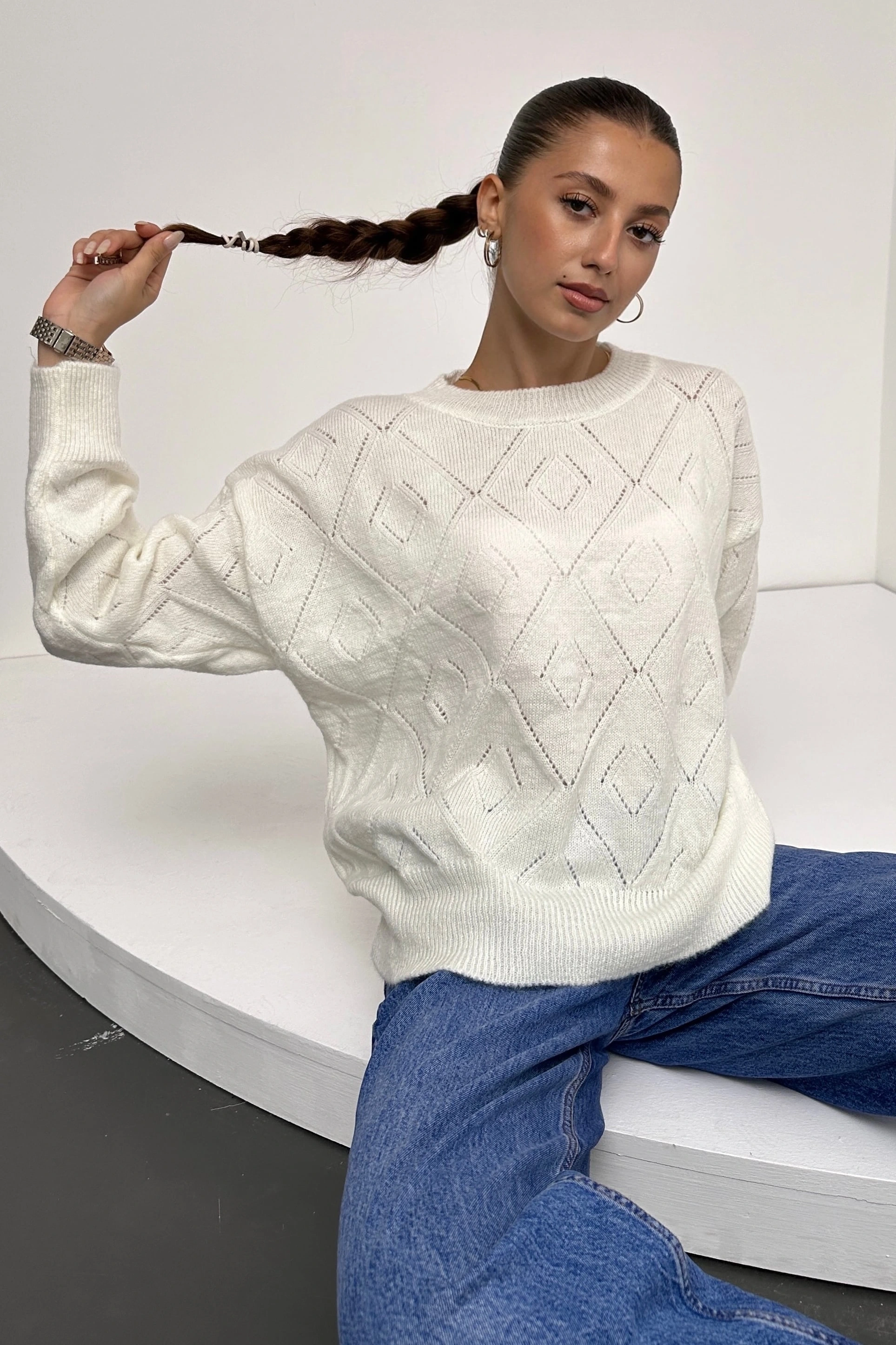 Pullaps Bisiklet Yaka Baklava Desenli Triko Kazak Beyaz