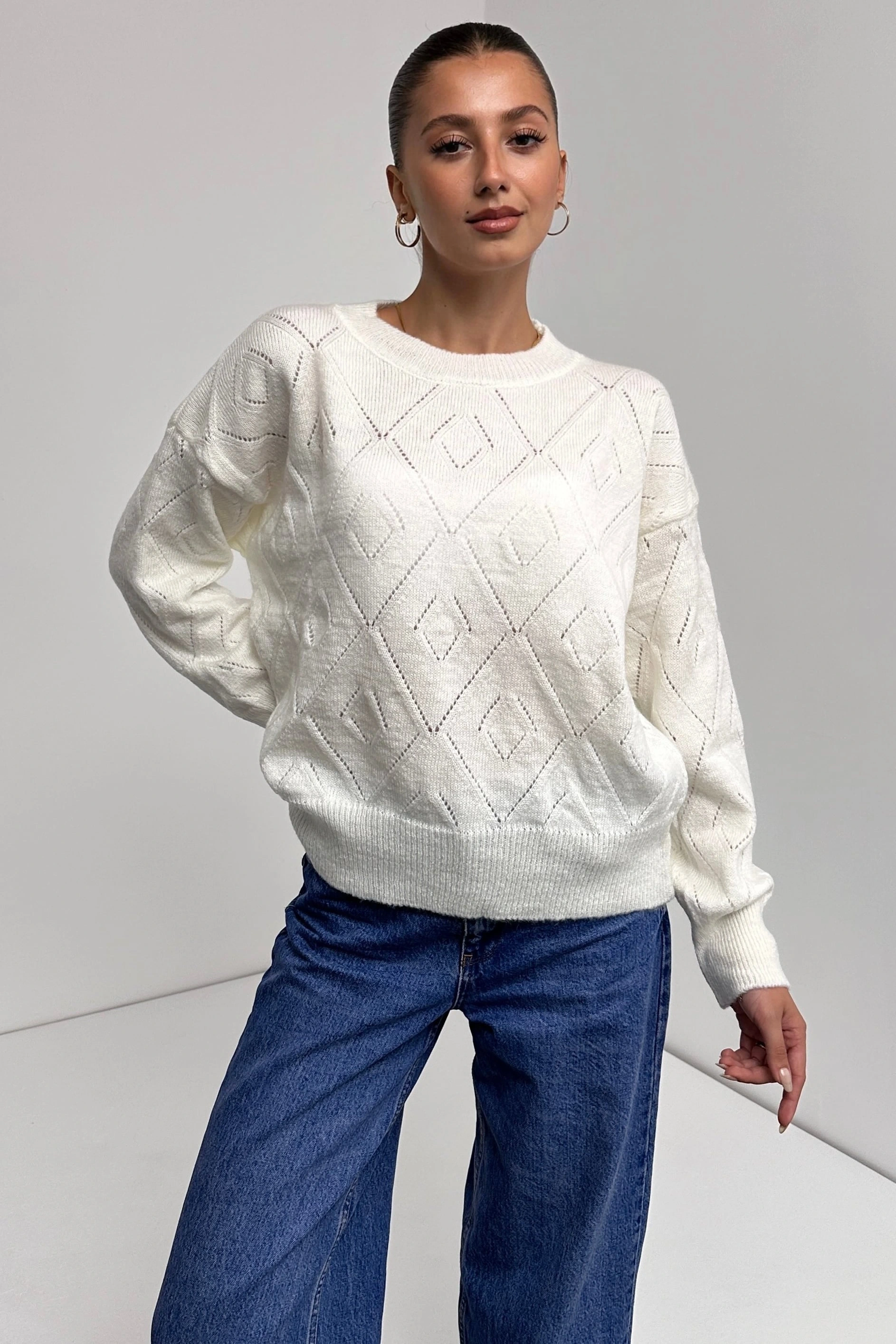 Pullaps Bisiklet Yaka Baklava Desenli Triko Kazak Beyaz