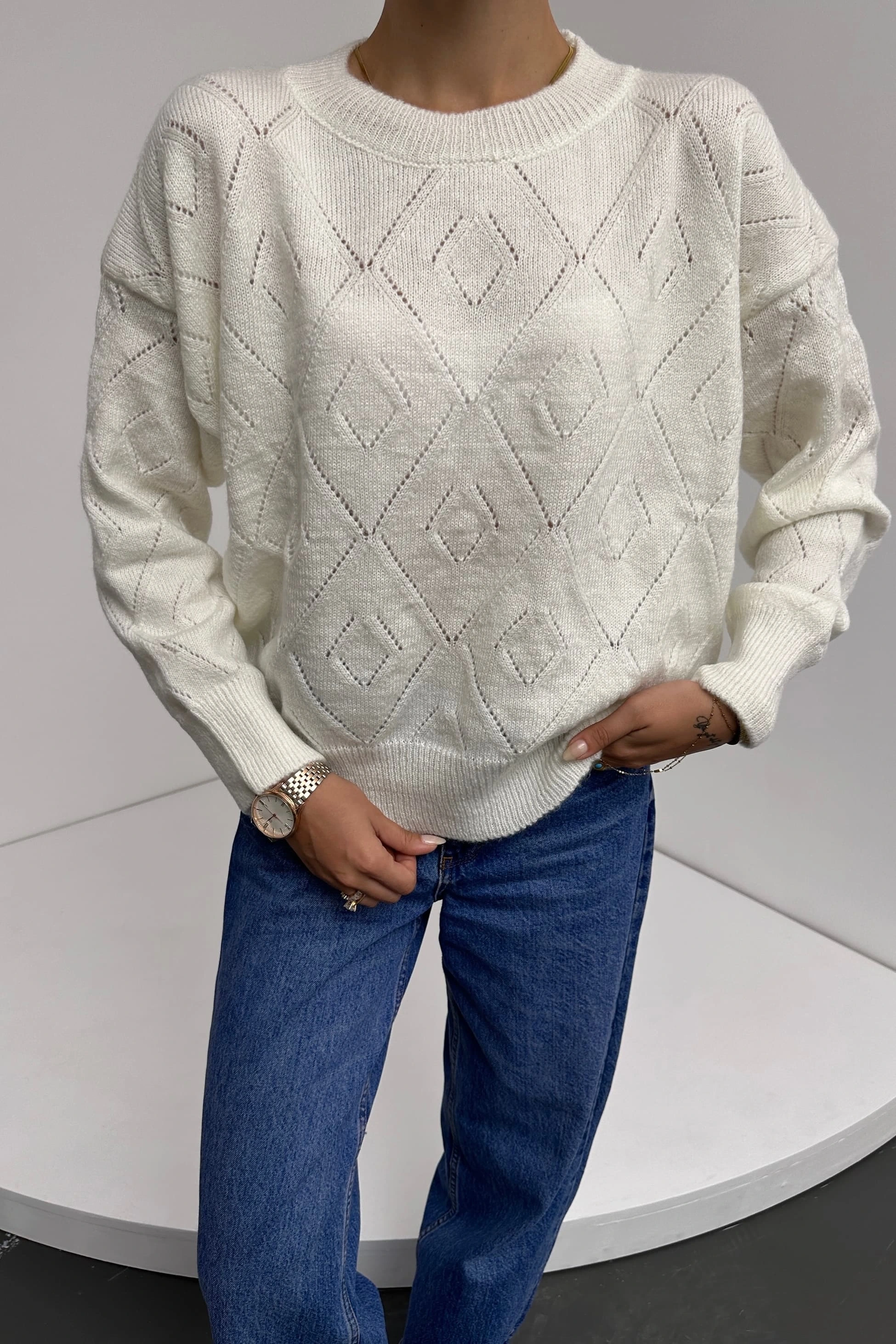 Pullaps Bisiklet Yaka Baklava Desenli Triko Kazak Beyaz