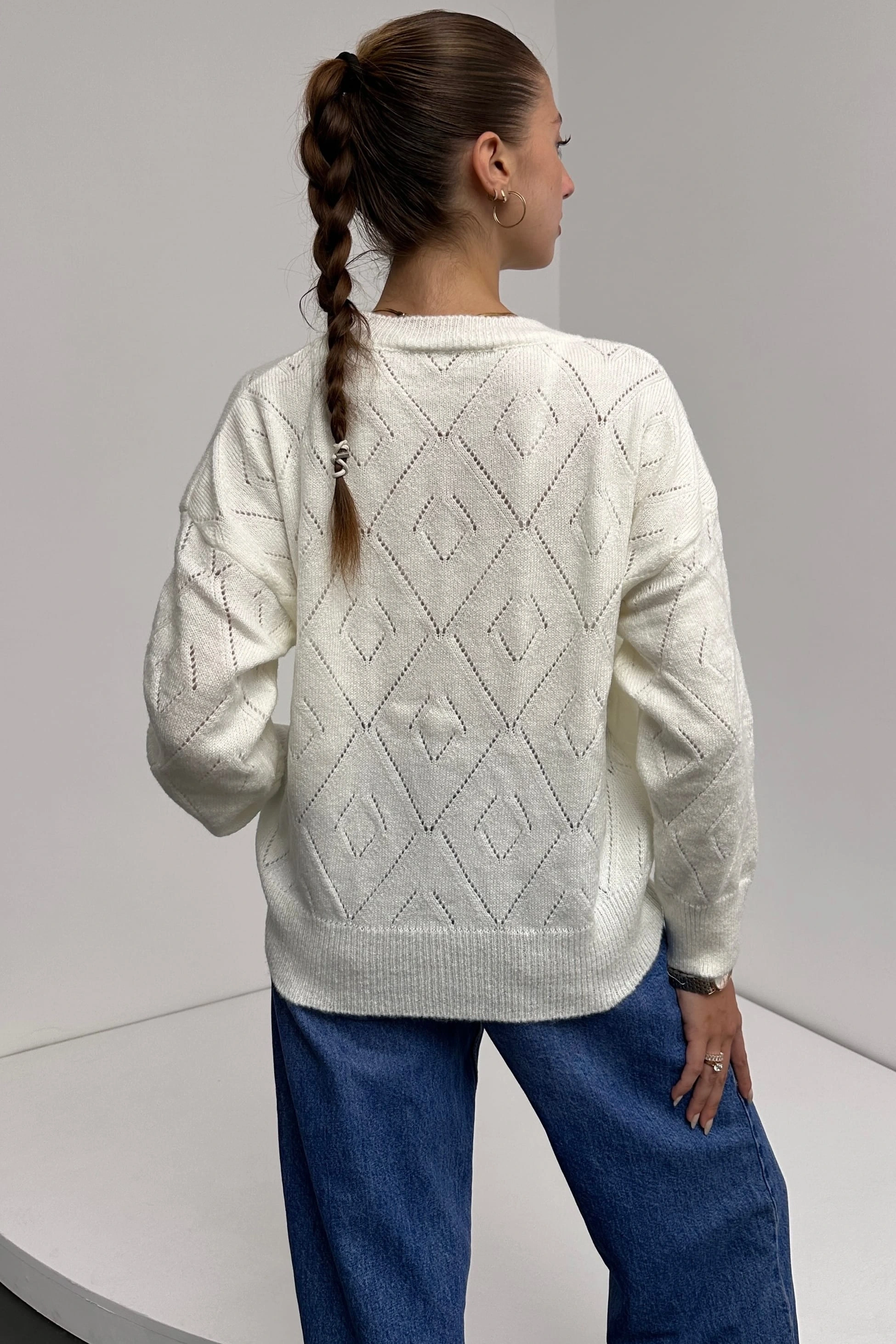 Pullaps Bisiklet Yaka Baklava Desenli Triko Kazak Beyaz