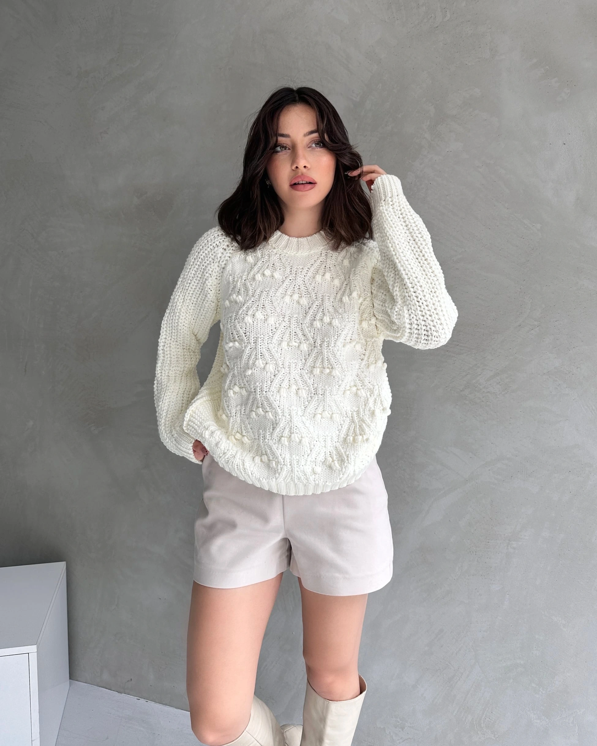 Bisiklet Yaka Bürümcük Detaylı Triko Kazak