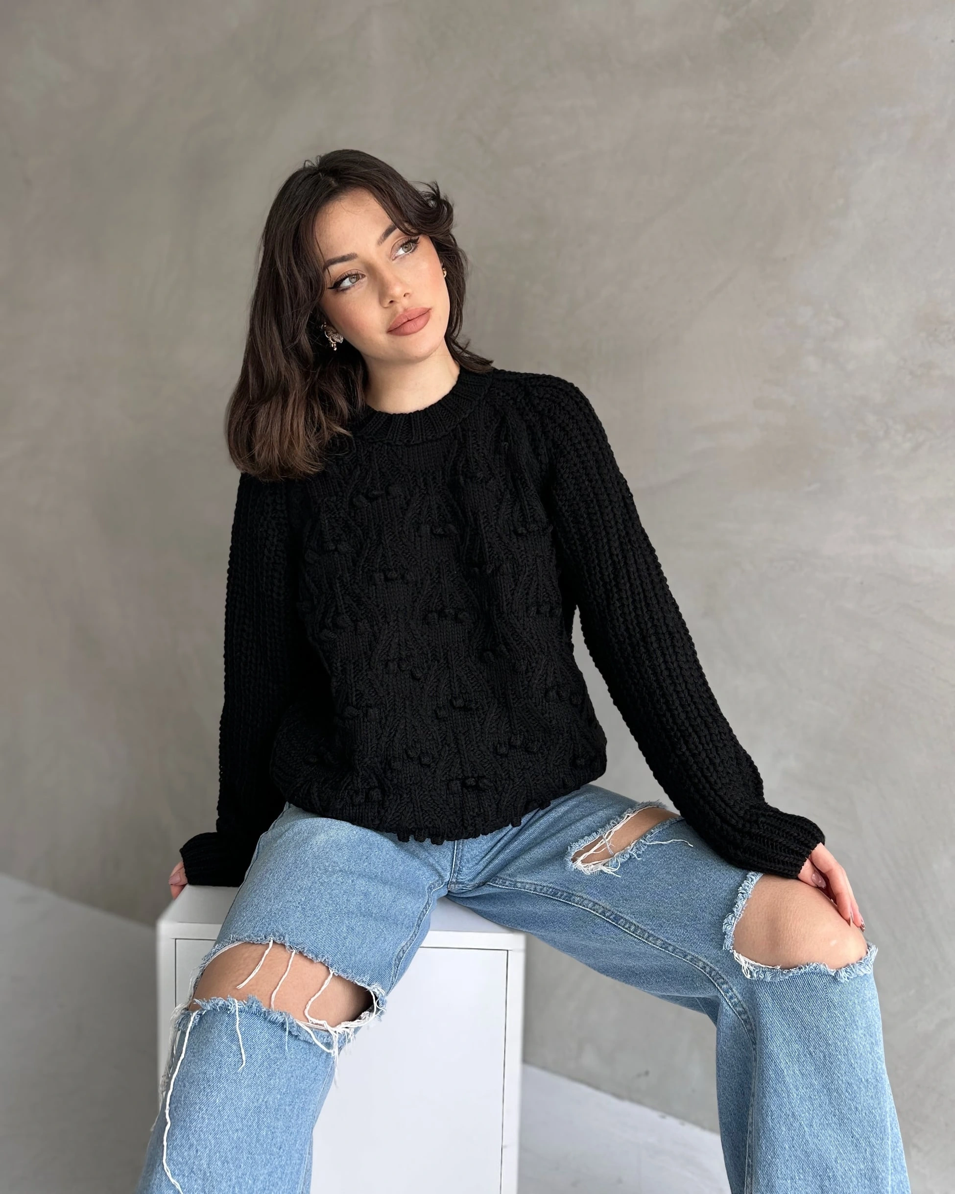 Bisiklet Yaka Bürümcük Detaylı Triko Kazak