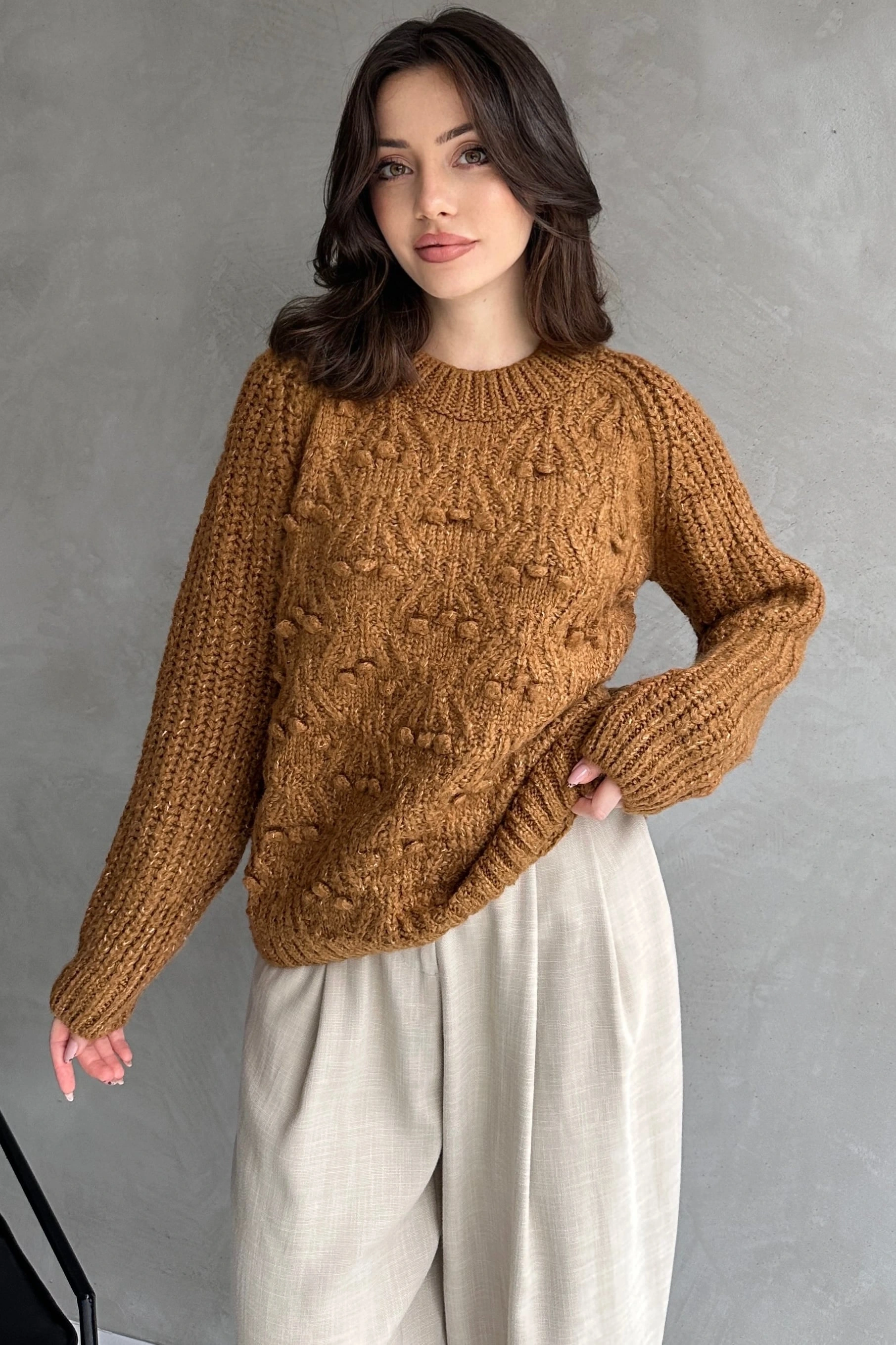 Bisiklet Yaka Bürümcük Detaylı Triko Kazak