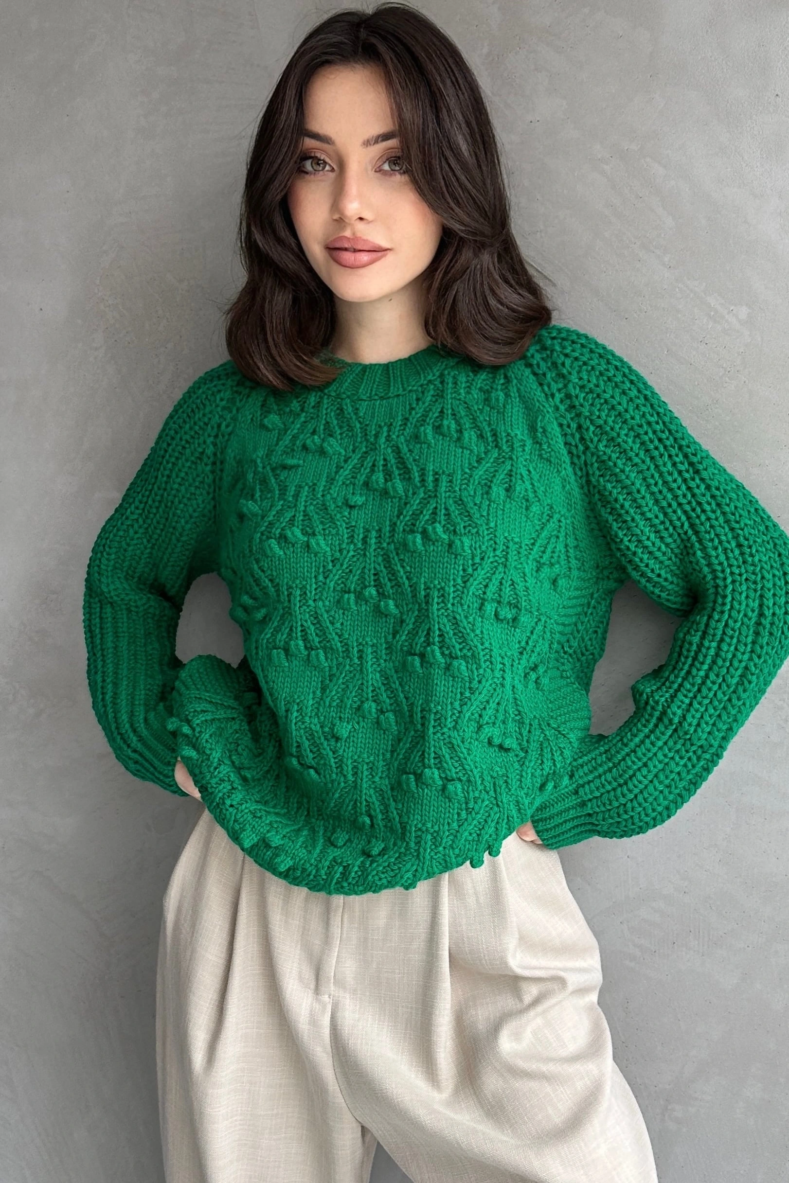 Bisiklet Yaka Bürümcük Detaylı Triko Kazak