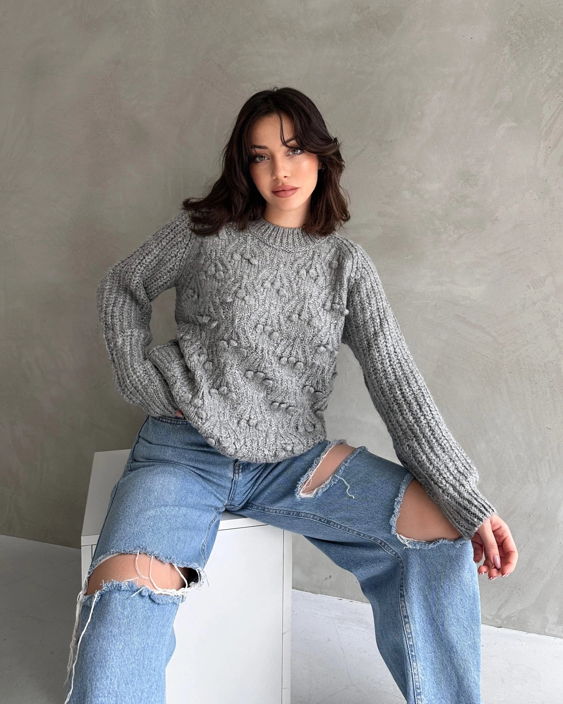 Bisiklet Yaka Bürümcük Detaylı Triko Kazak