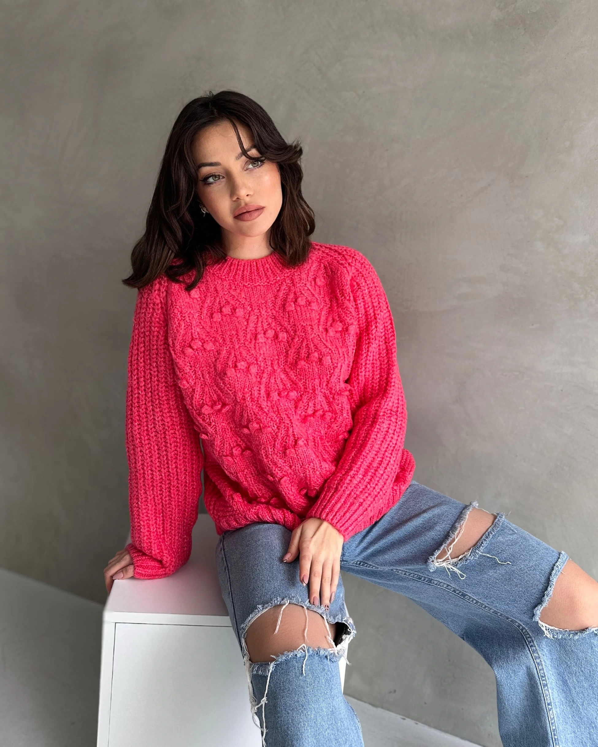 Bisiklet Yaka Bürümcük Detaylı Triko Kazak