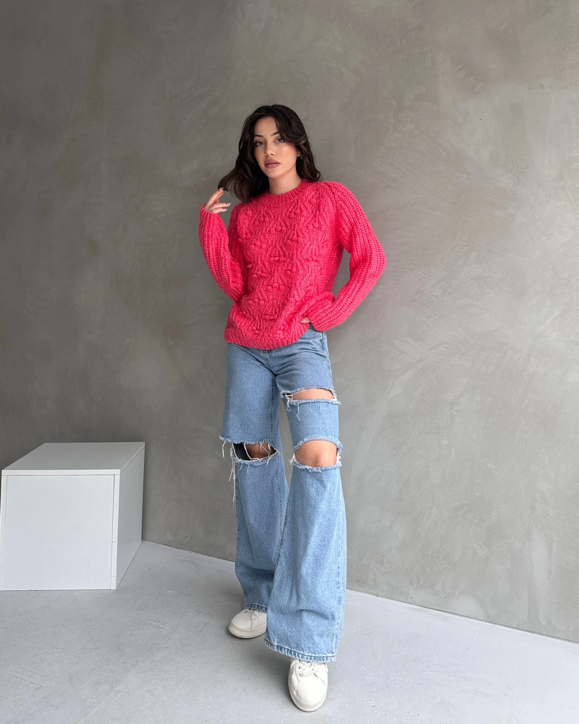 Bisiklet Yaka Bürümcük Detaylı Triko Kazak