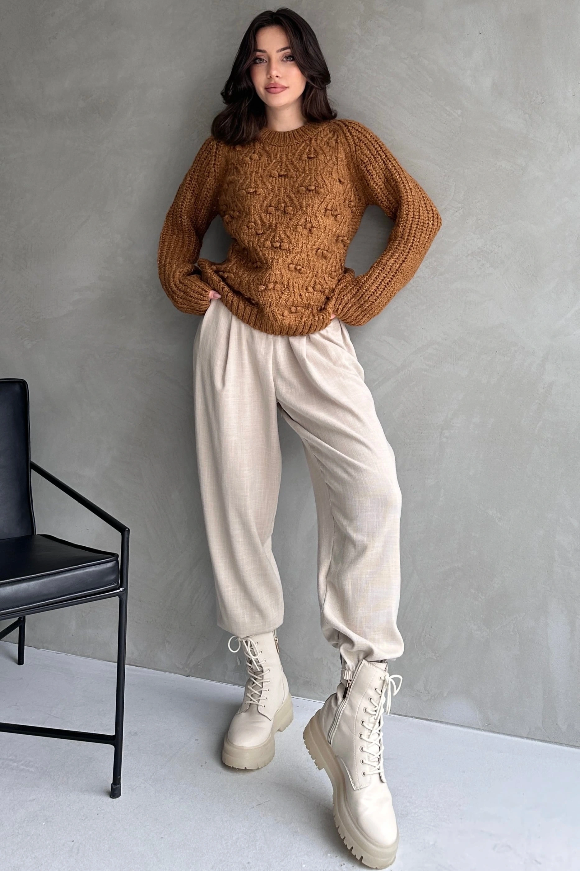 Bisiklet Yaka Bürümcük Detaylı Triko Kazak