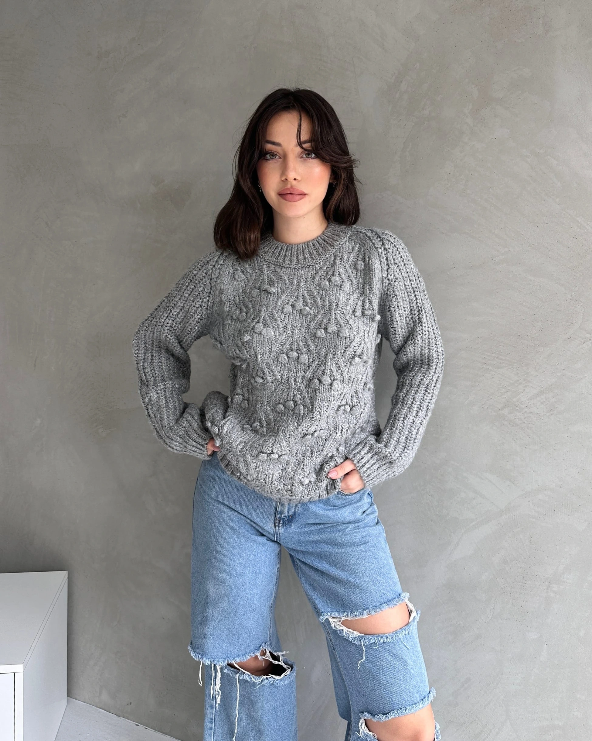 Bisiklet Yaka Bürümcük Detaylı Triko Kazak