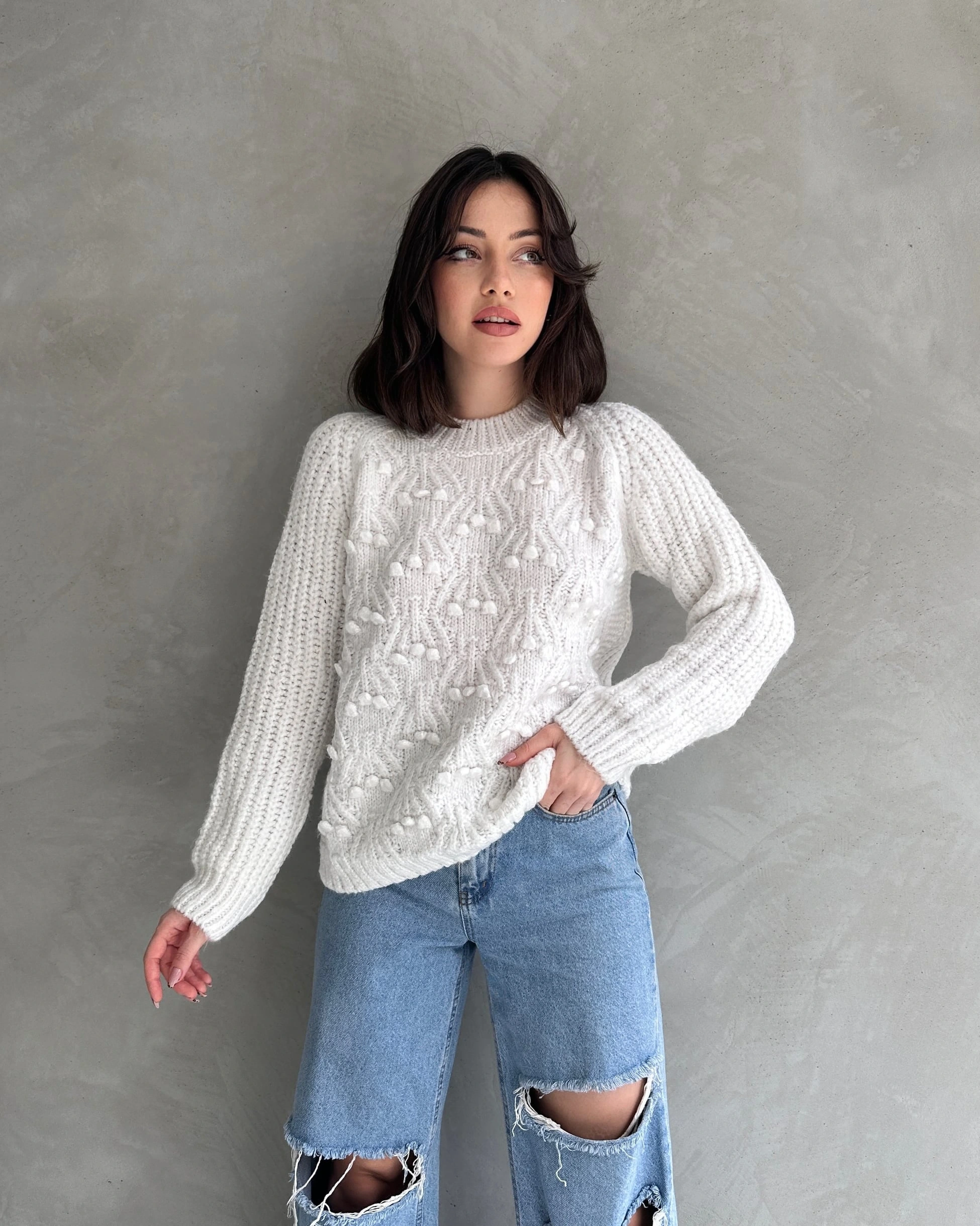 Bisiklet Yaka Bürümcük Detaylı Triko Kazak