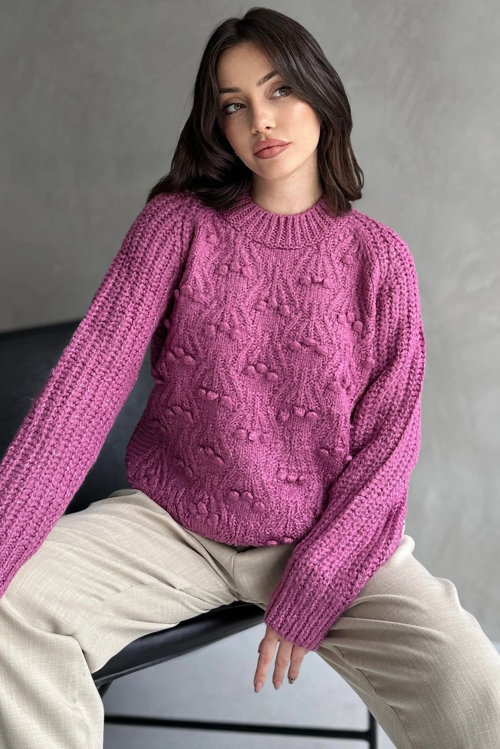 Bisiklet Yaka Bürümcük Detaylı Triko Kazak