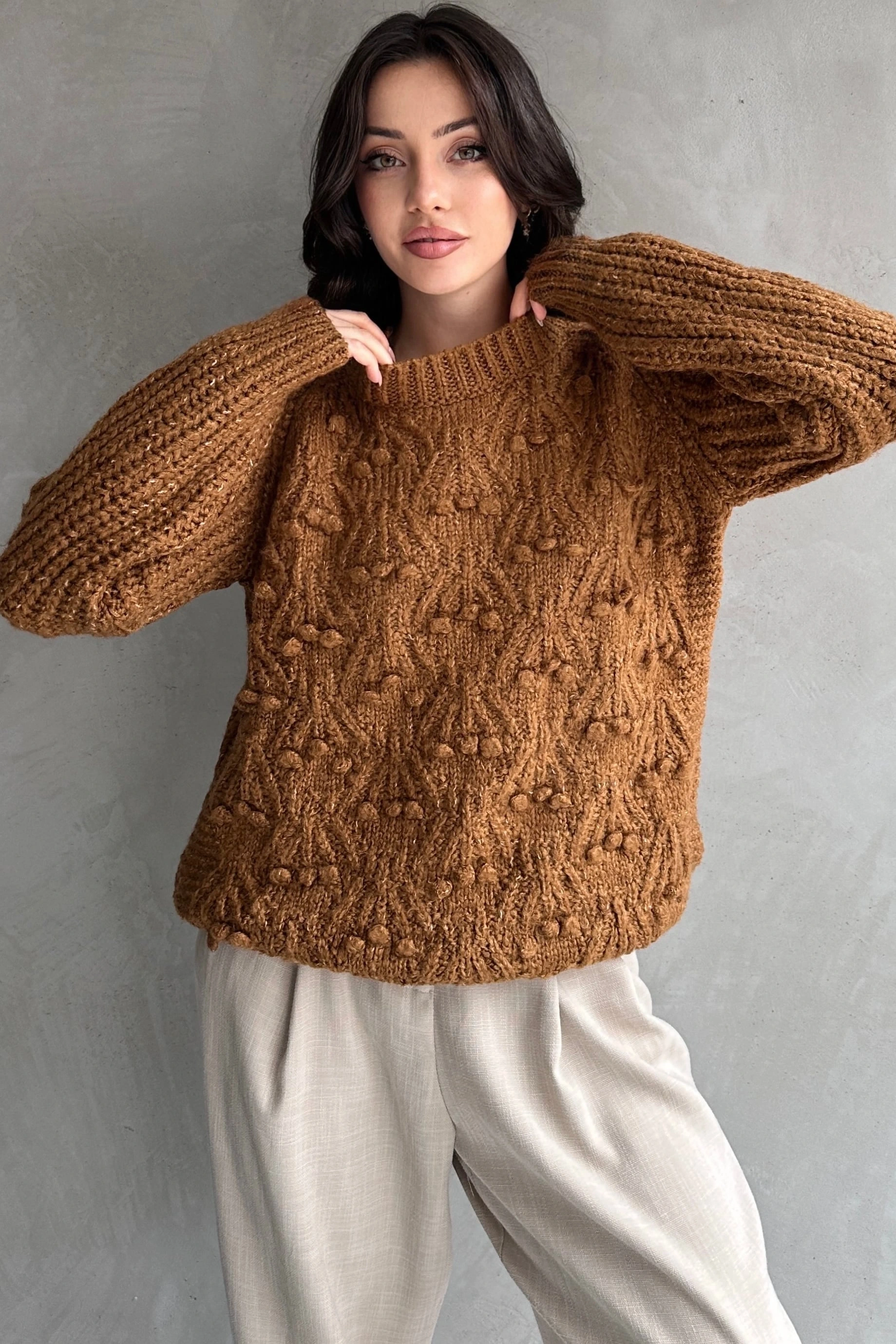 Bisiklet Yaka Bürümcük Detaylı Triko Kazak