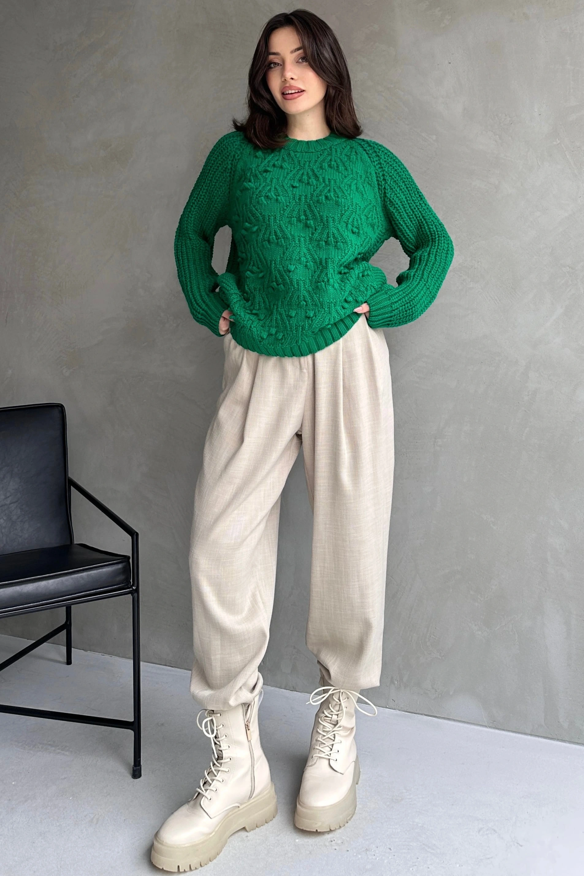 Bisiklet Yaka Bürümcük Detaylı Triko Kazak