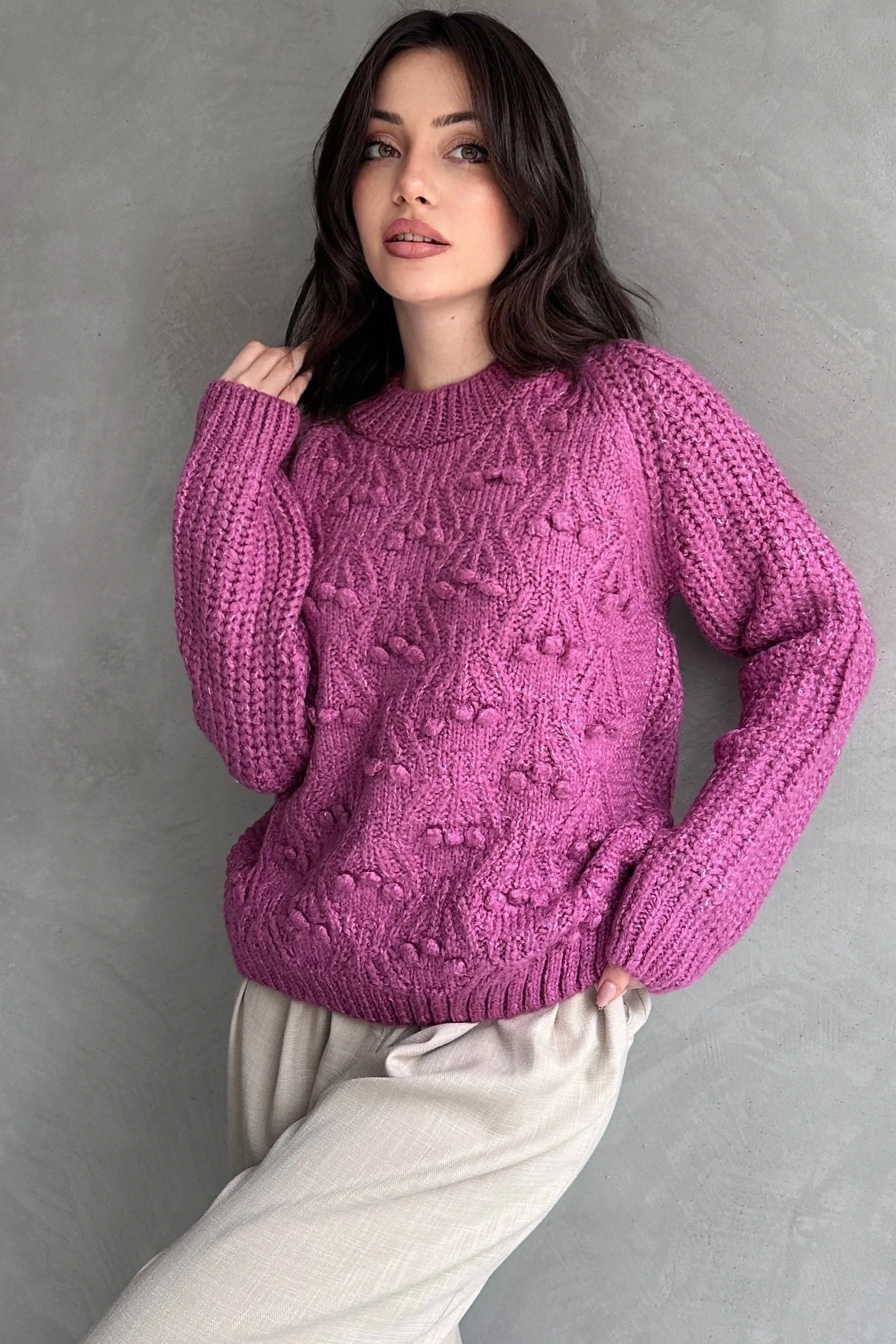 Bisiklet Yaka Bürümcük Detaylı Triko Kazak