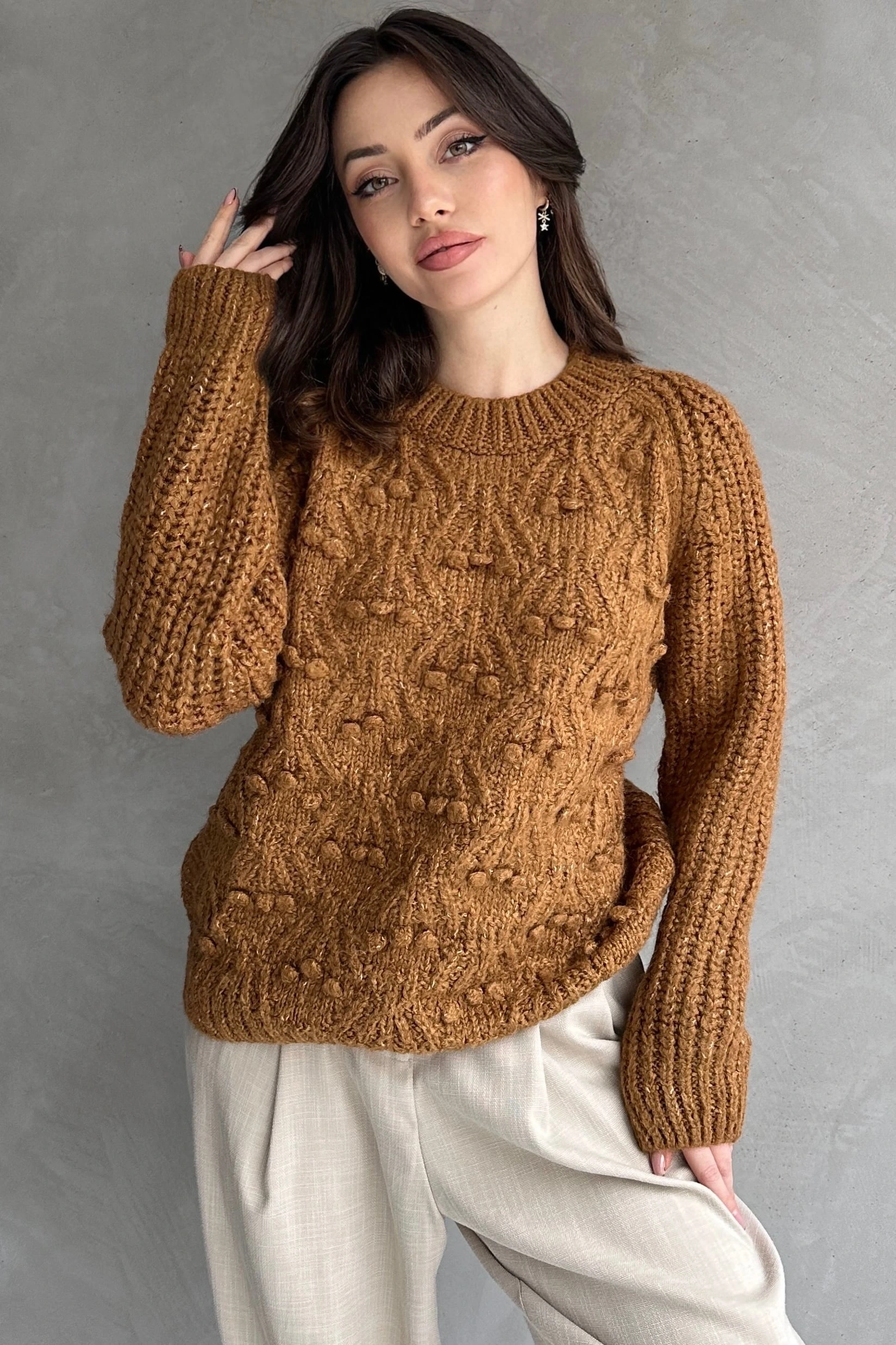 Bisiklet Yaka Bürümcük Detaylı Triko Kazak