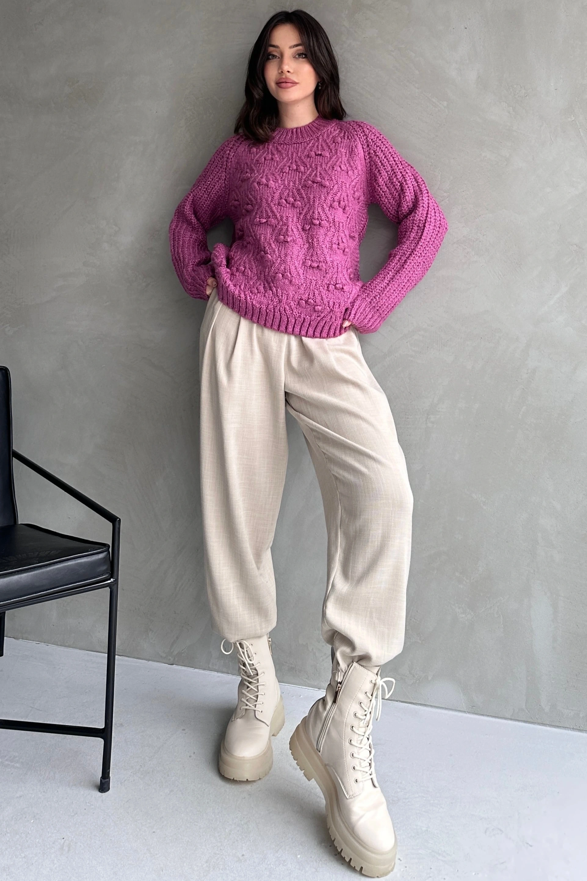 Bisiklet Yaka Bürümcük Detaylı Triko Kazak