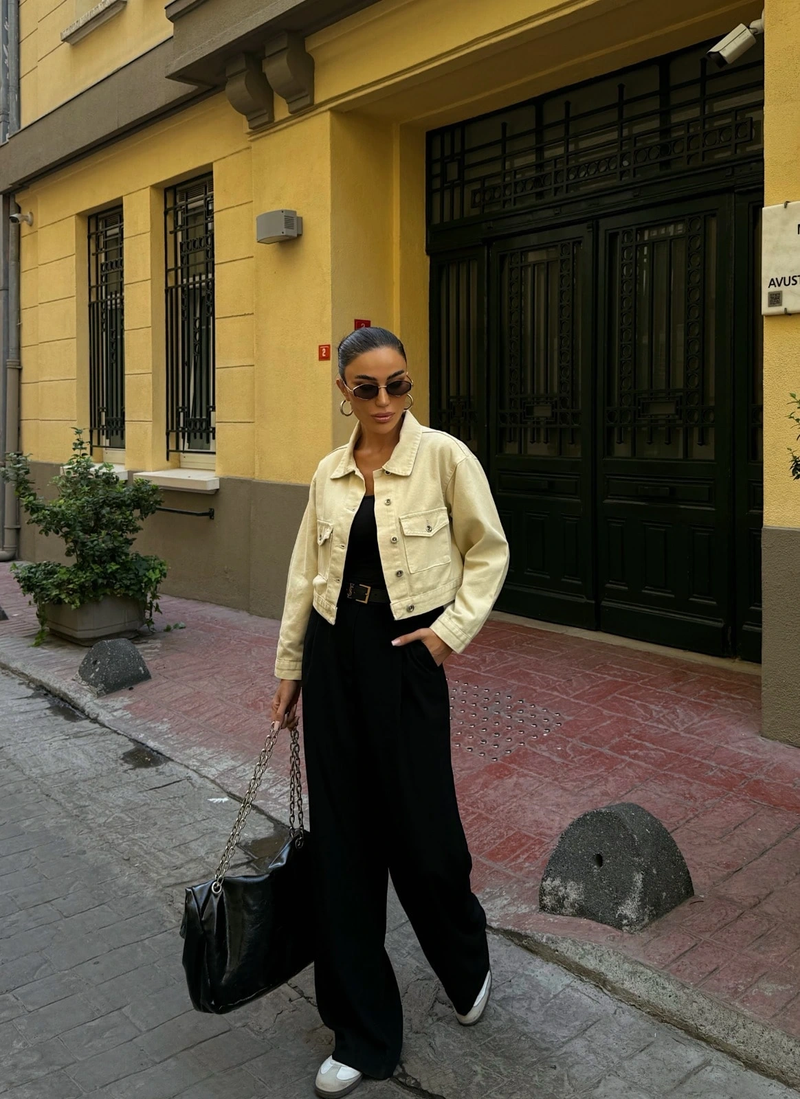 Pullaps Çift Cep Denim Crop Ceket Bej