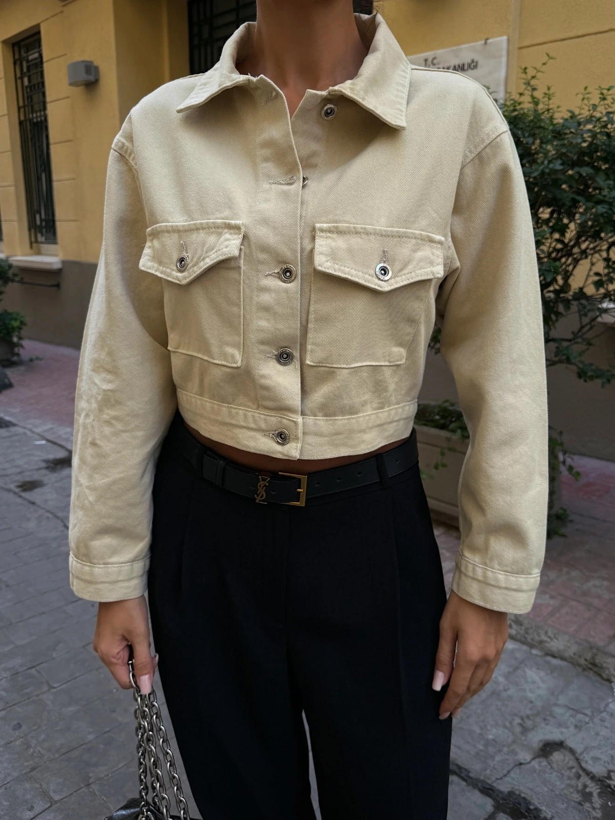 Pullaps Çift Cep Denim Crop Ceket Bej