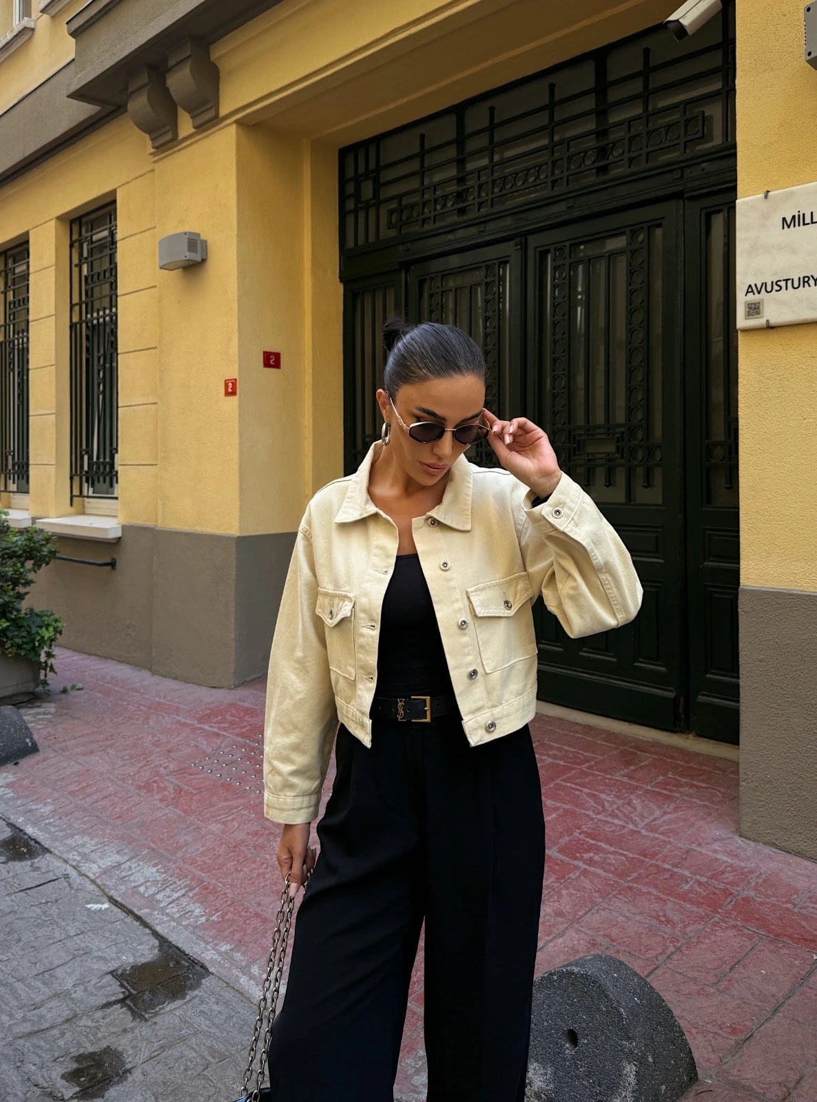 Pullaps Çift Cep Denim Crop Ceket Bej