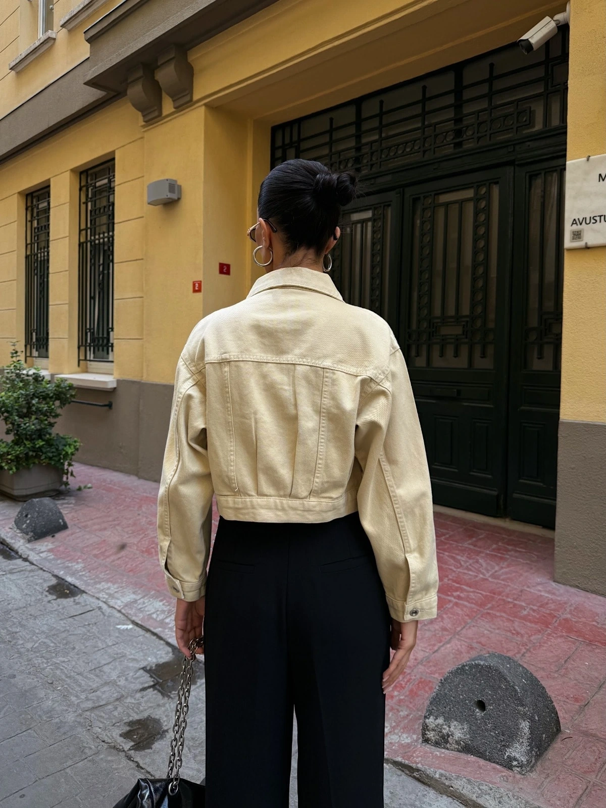 Pullaps Çift Cep Denim Crop Ceket Bej