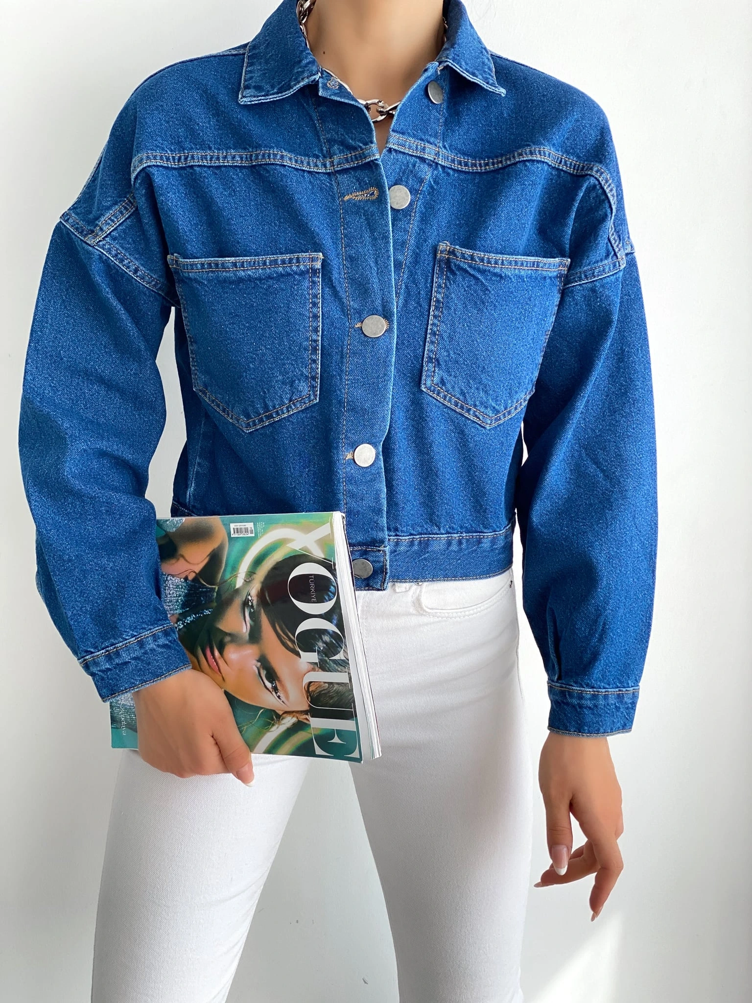 Pullaps Düz Cepli Denim Crop Ceket Mavi