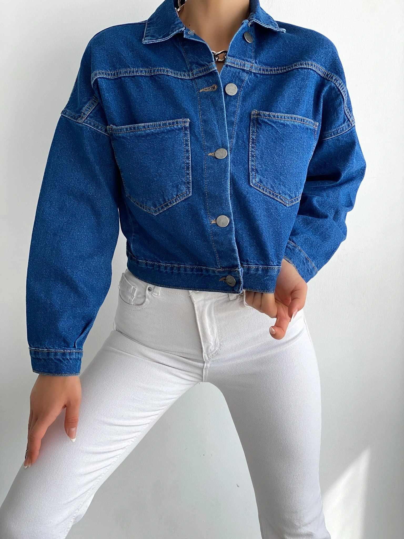 Pullaps Düz Cepli Denim Crop Ceket Mavi