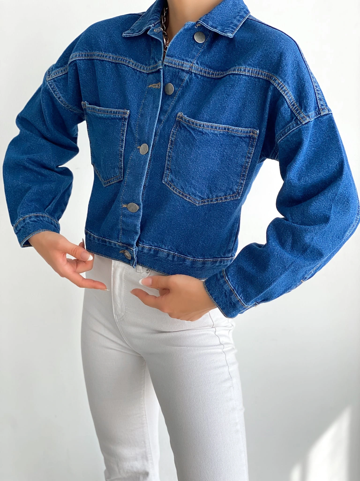 Pullaps Düz Cepli Denim Crop Ceket Mavi