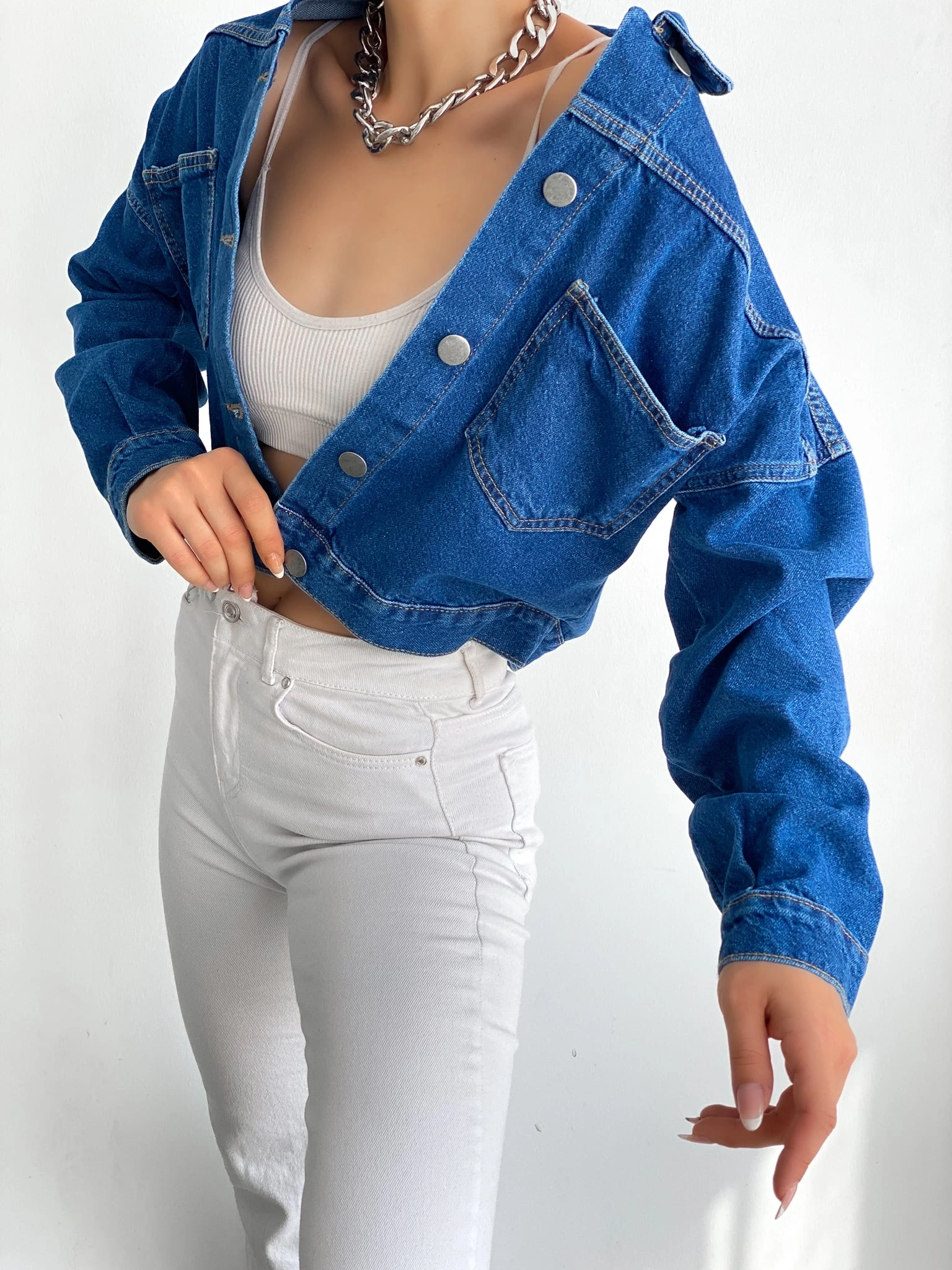 Pullaps Düz Cepli Denim Crop Ceket Mavi