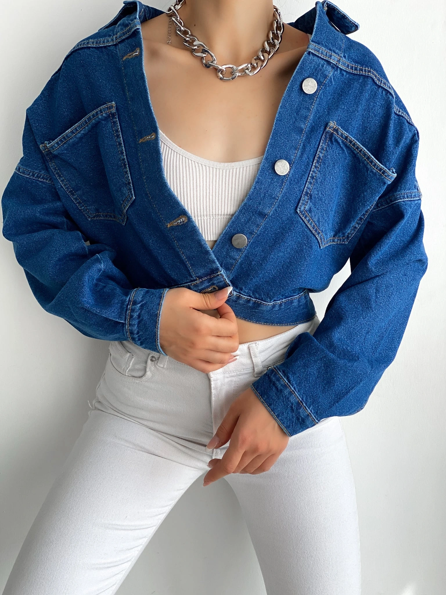 Pullaps Düz Cepli Denim Crop Ceket Mavi