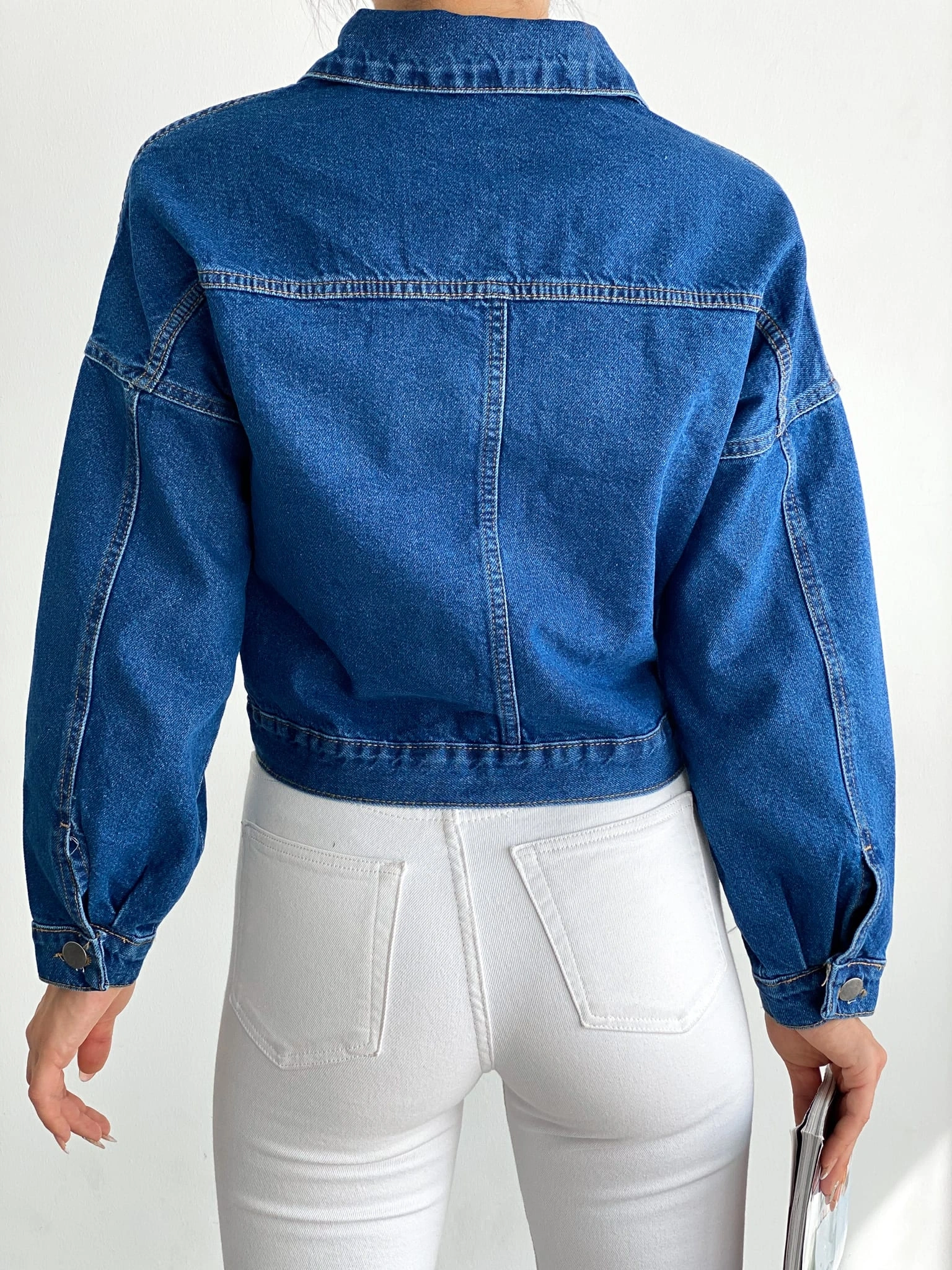 Pullaps Düz Cepli Denim Crop Ceket Mavi