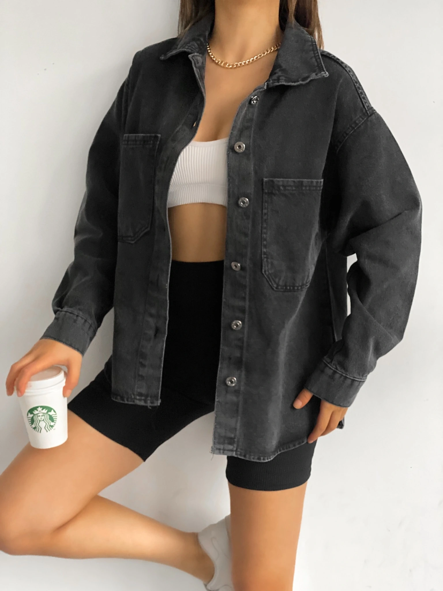 Pullaps Çift Cepli Oversize Denim Gömlek Ceket Antrasit