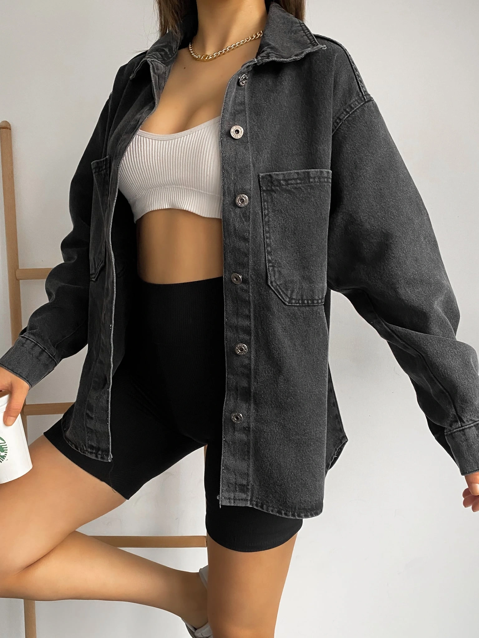 Pullaps Çift Cepli Oversize Denim Gömlek Ceket Antrasit