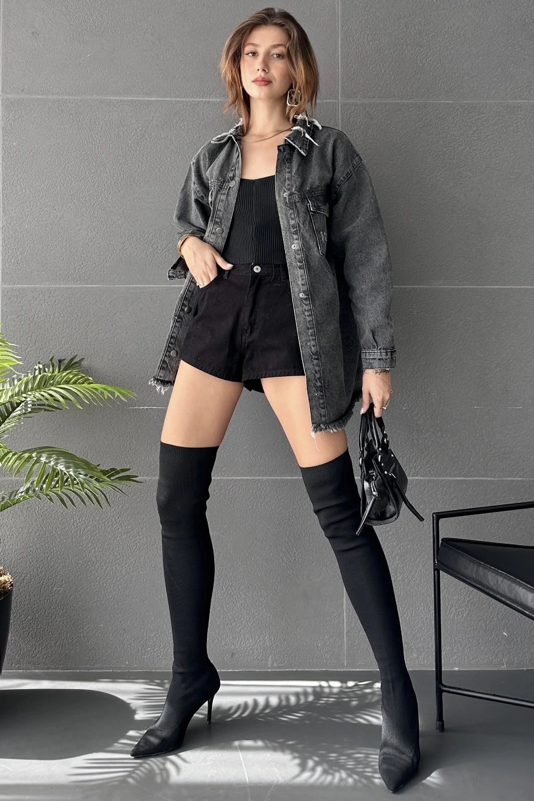 Pullaps Çift Cepli Yırtık Detaylı Oversize Gömlek Ceket Antrasit