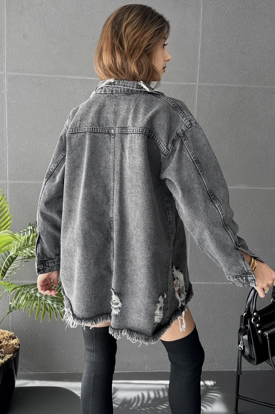 Pullaps Çift Cepli Yırtık Detaylı Oversize Gömlek Ceket Antrasit
