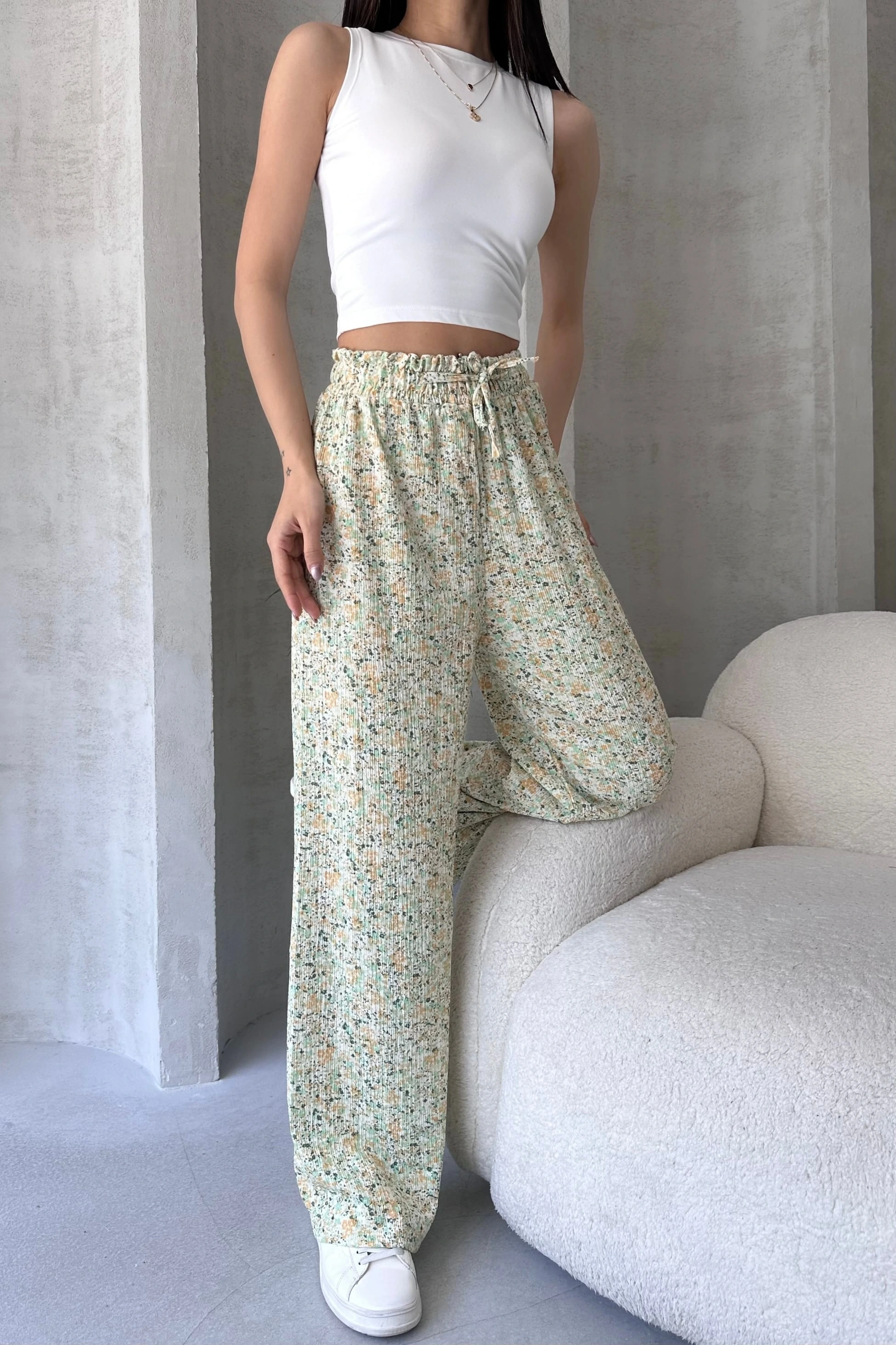 Desenli Beli Lastikli Bürümcük Pantolon