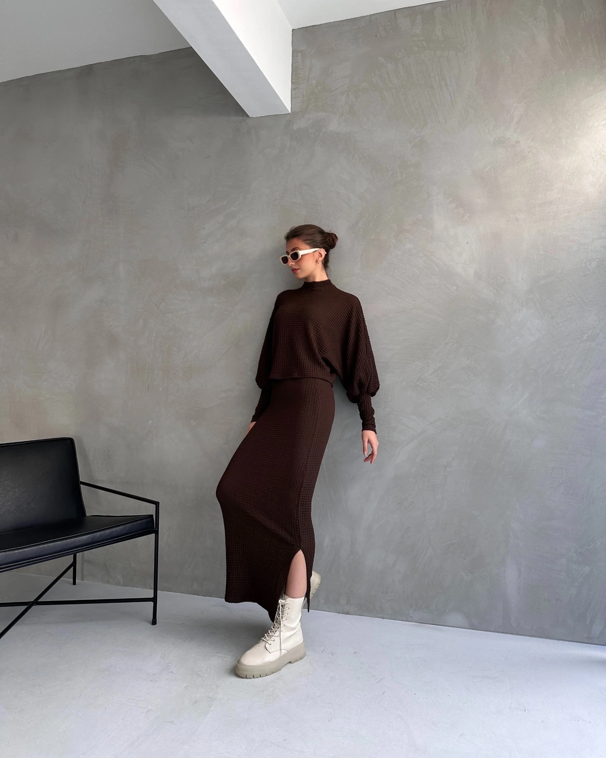 Pullaps Dokulu Yırtmaç Detaylı Etek Ve Bluz 2Lİ Takım Kahve