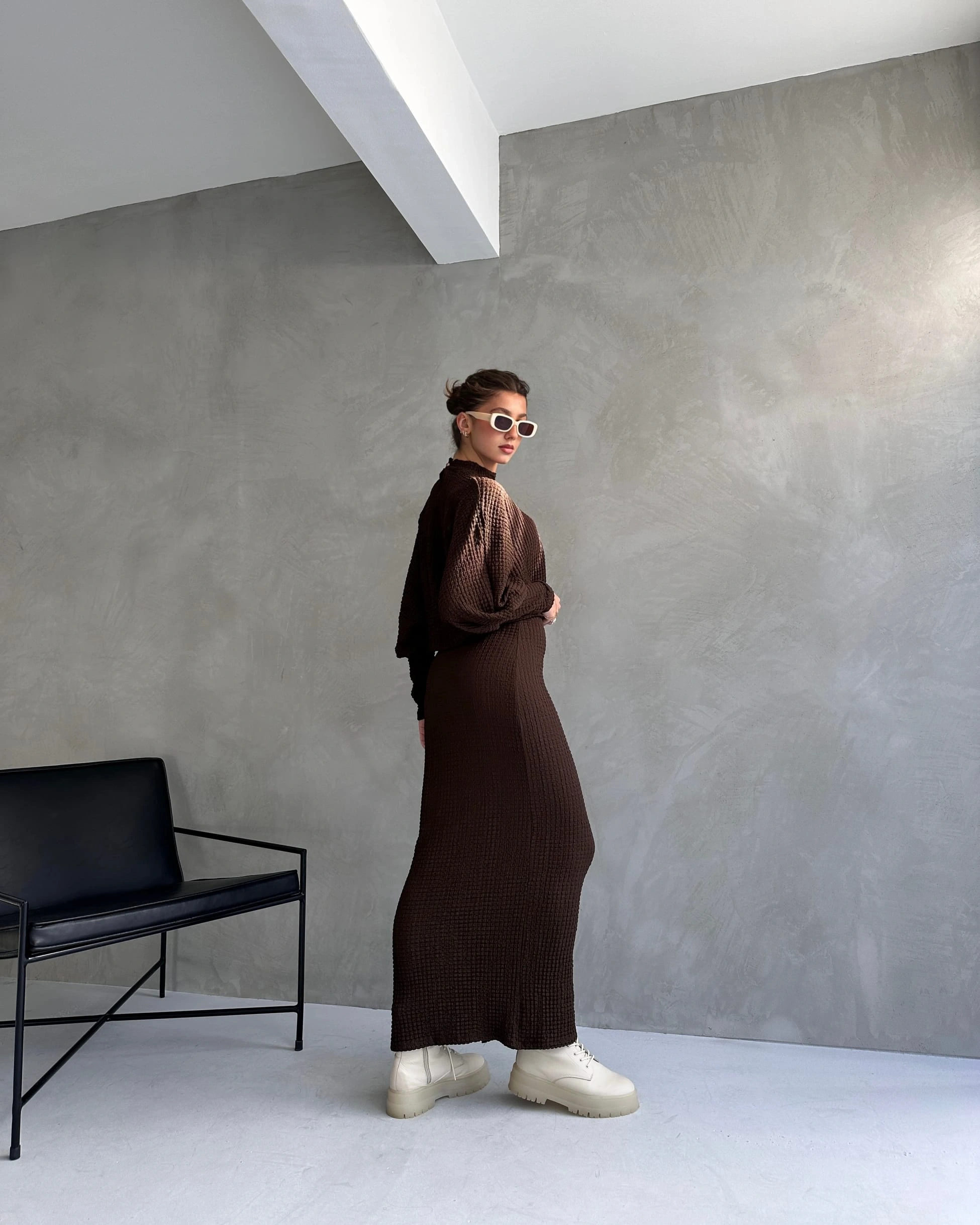 Pullaps Dokulu Yırtmaç Detaylı Etek Ve Bluz 2Lİ Takım Kahve